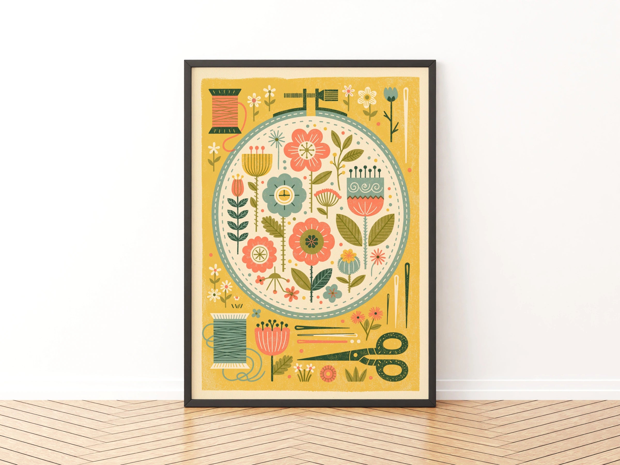 Embroidery Hoop Floral Sewing Print, Retro Craft Room Wall Art, Folk Flower Poster