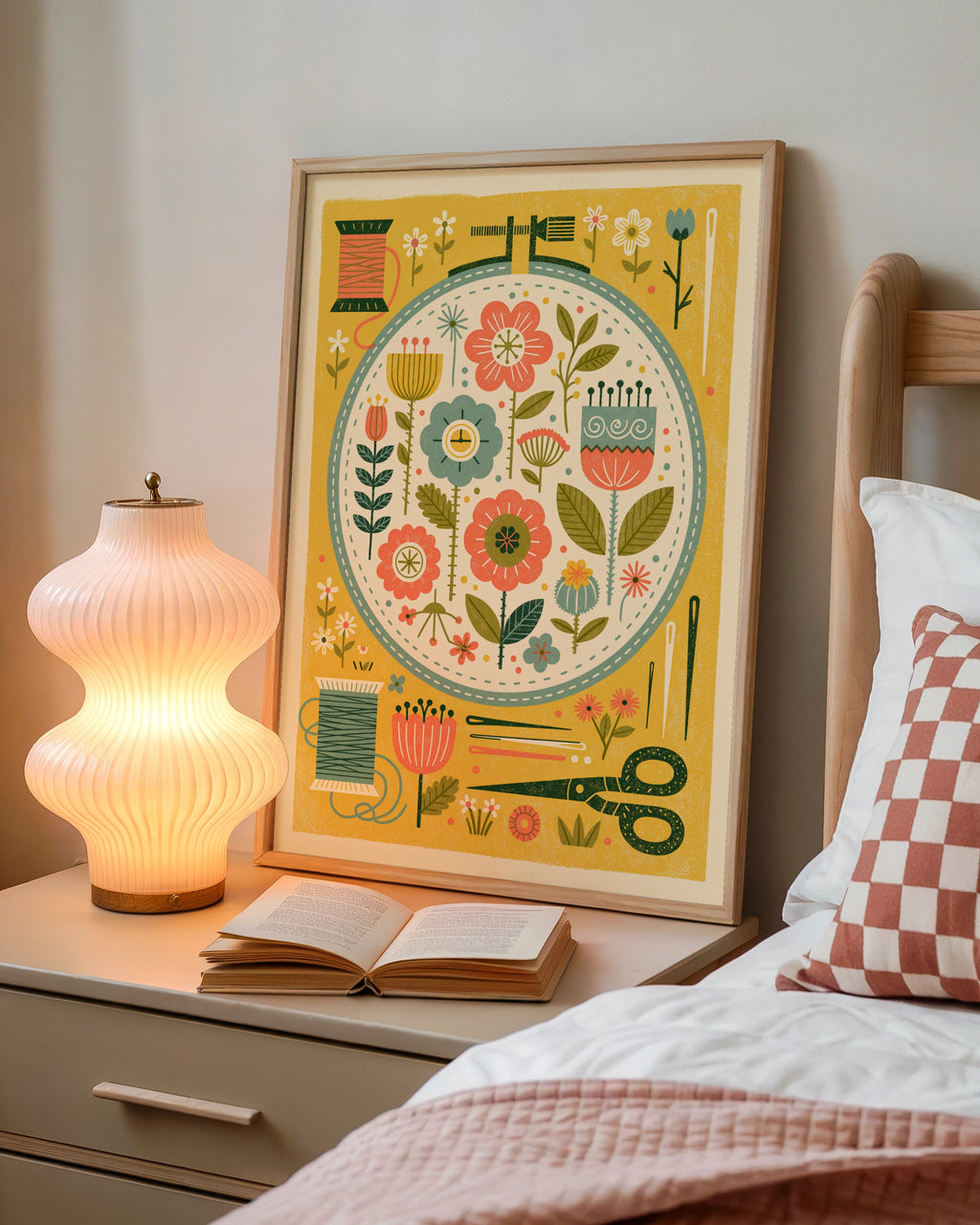 Embroidery Hoop Floral Sewing Print, Retro Craft Room Wall Art, Folk Flower Poster