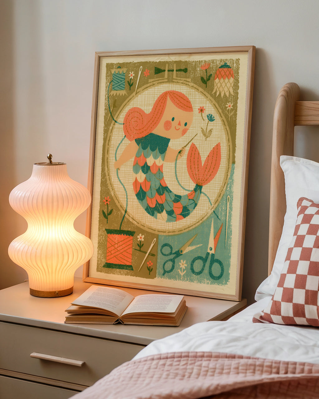 Retro Mermaid Sewing Print, Craft Room Wall Art, Embroidery Hoop Poster, 1950s Style