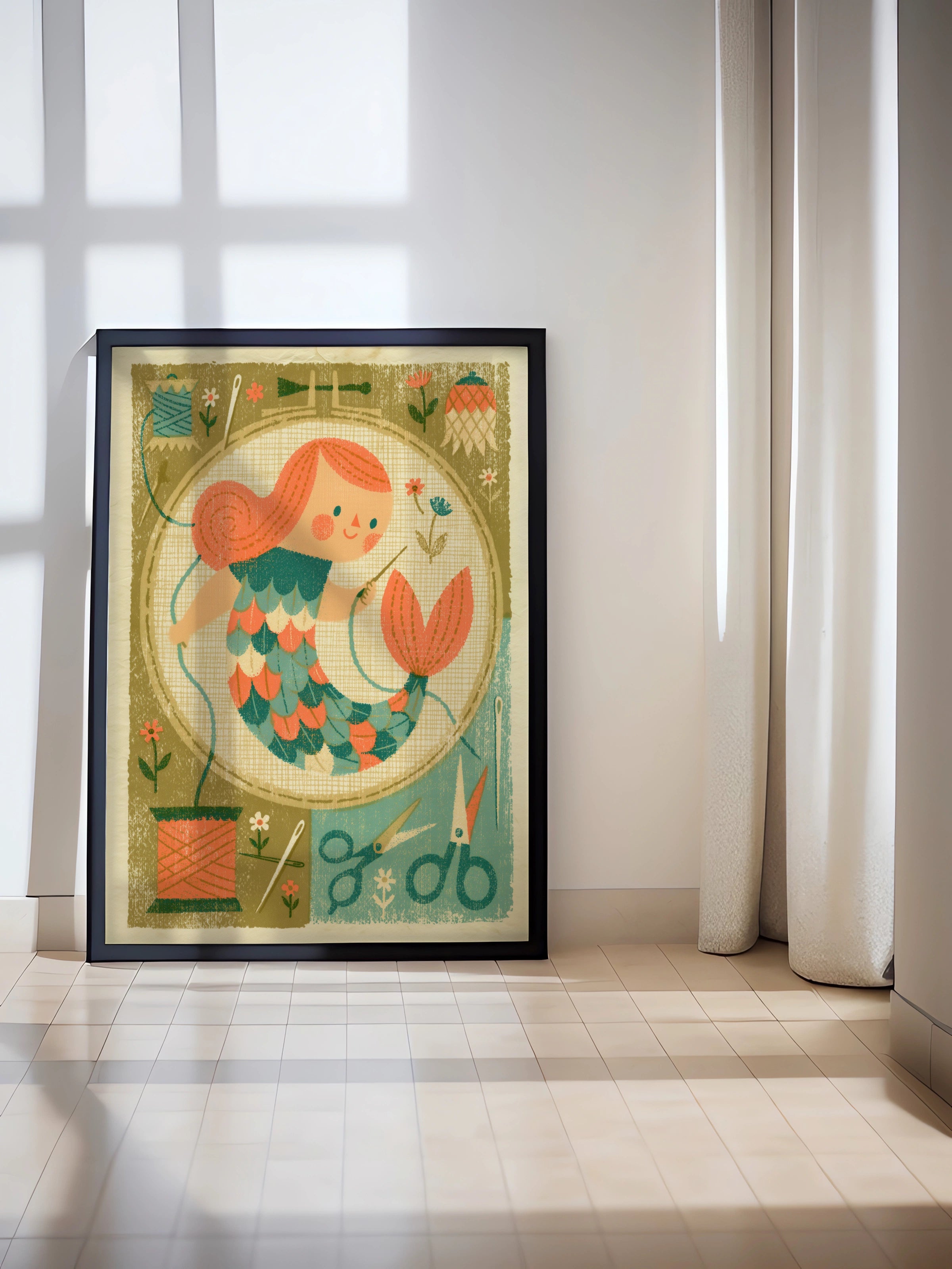 Retro Mermaid Sewing Print, Craft Room Wall Art, Embroidery Hoop Poster, 1950s Style