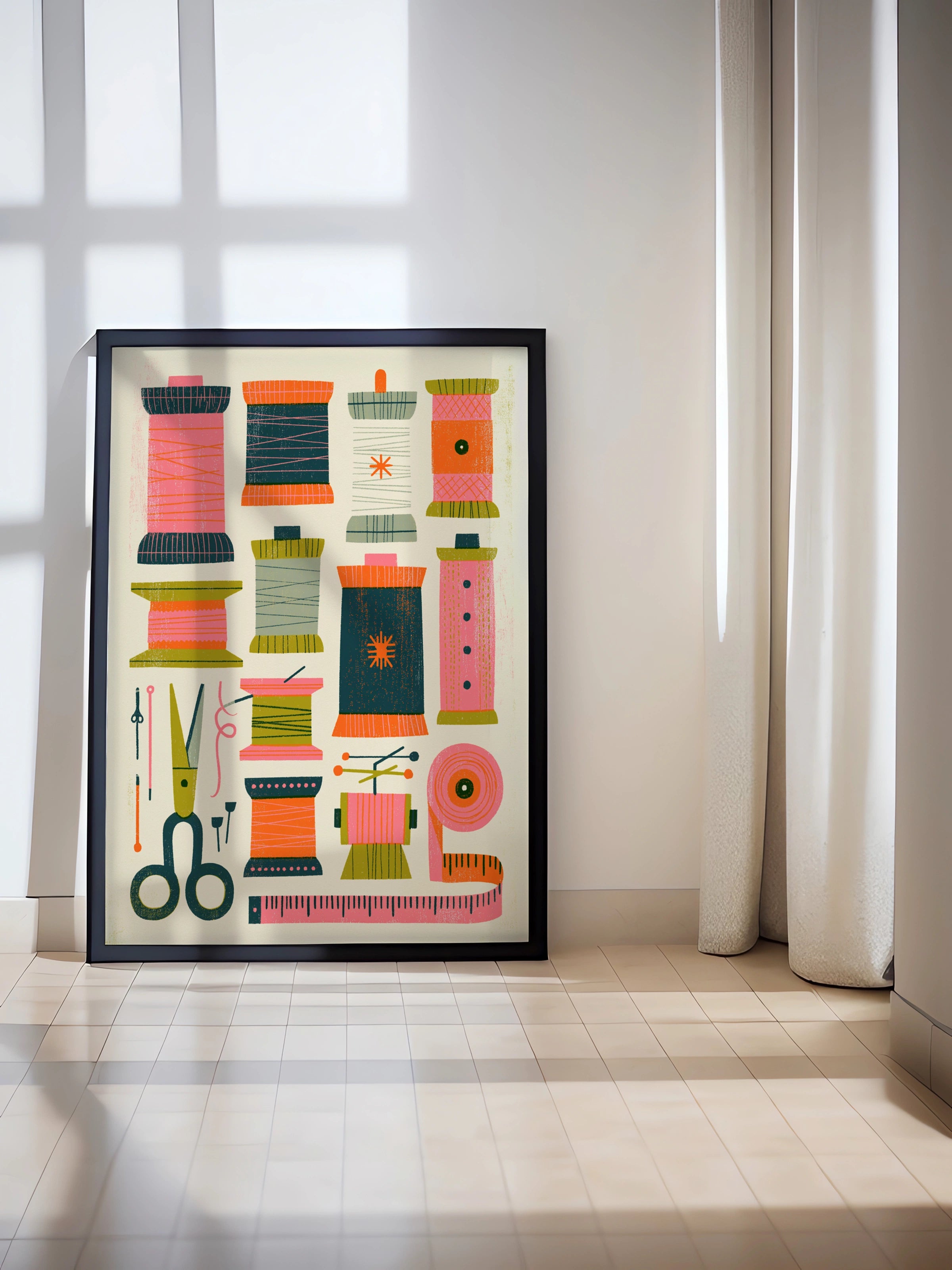 Retro Sewing Print, Thread Spools Craft Room Wall Art, Colourful Sewing Poster, Riso Style Hot Pink Print