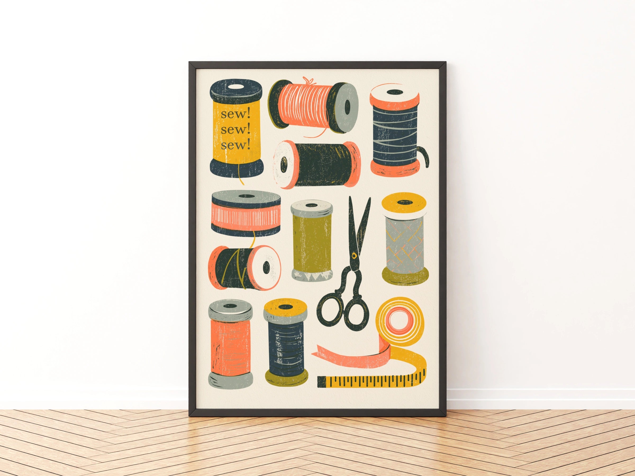 Retro Sewing Print, Thread Spools Wall Art, Craft Room Poster, Sewing Gift