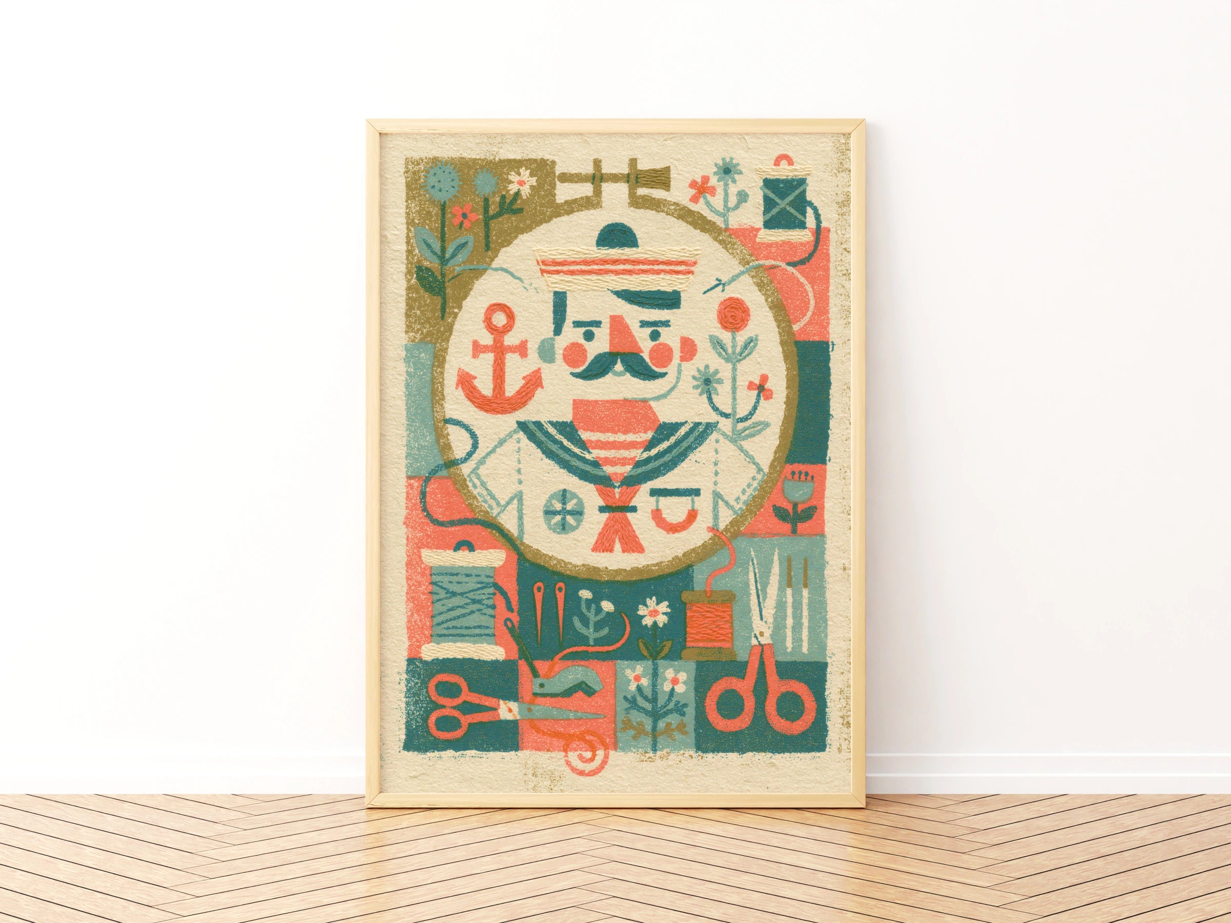 Sailor Sewing Print, Retro Sewing Print, Craft Room Wall Art, Sailor Folk Poster, Teal Coral Decor
