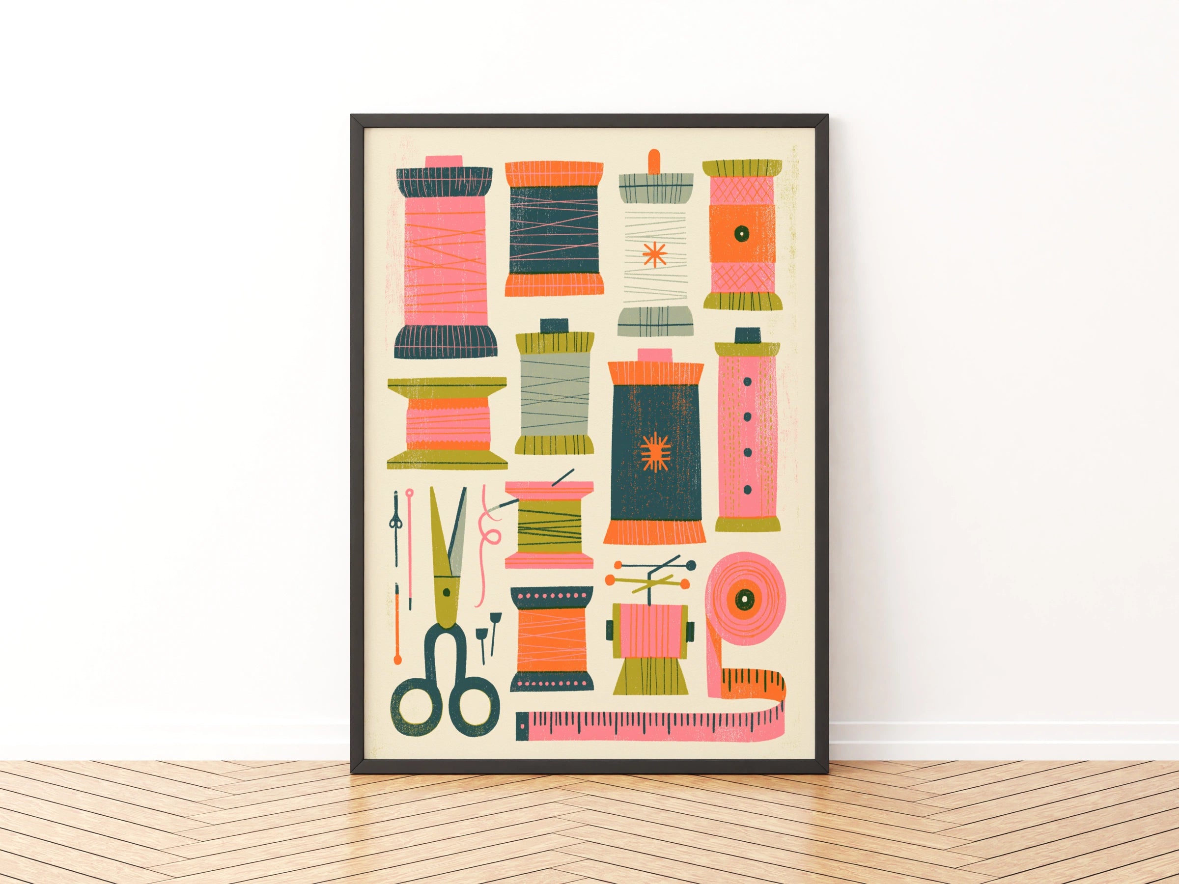 Retro Sewing Print, Thread Spools Craft Room Wall Art, Colourful Sewing Poster, Riso Style Hot Pink Print