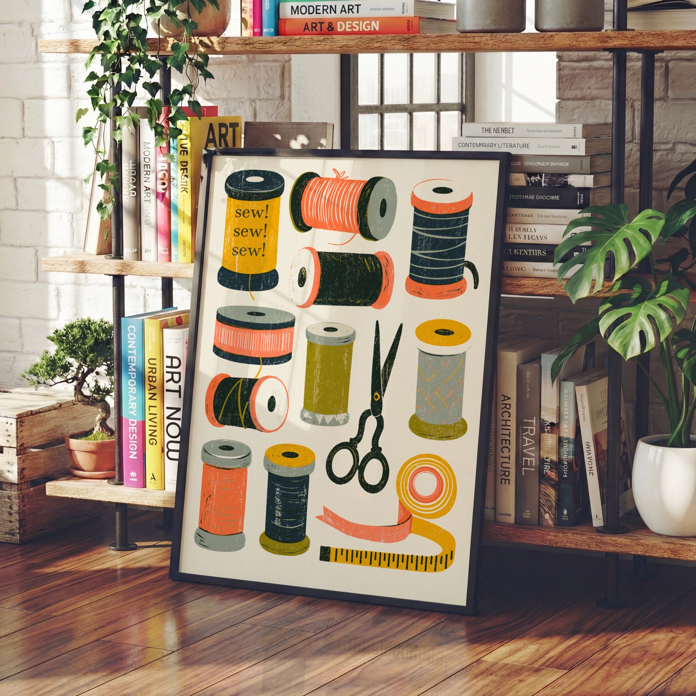 Retro Sewing Print, Thread Spools Wall Art, Craft Room Poster, Sewing Gift