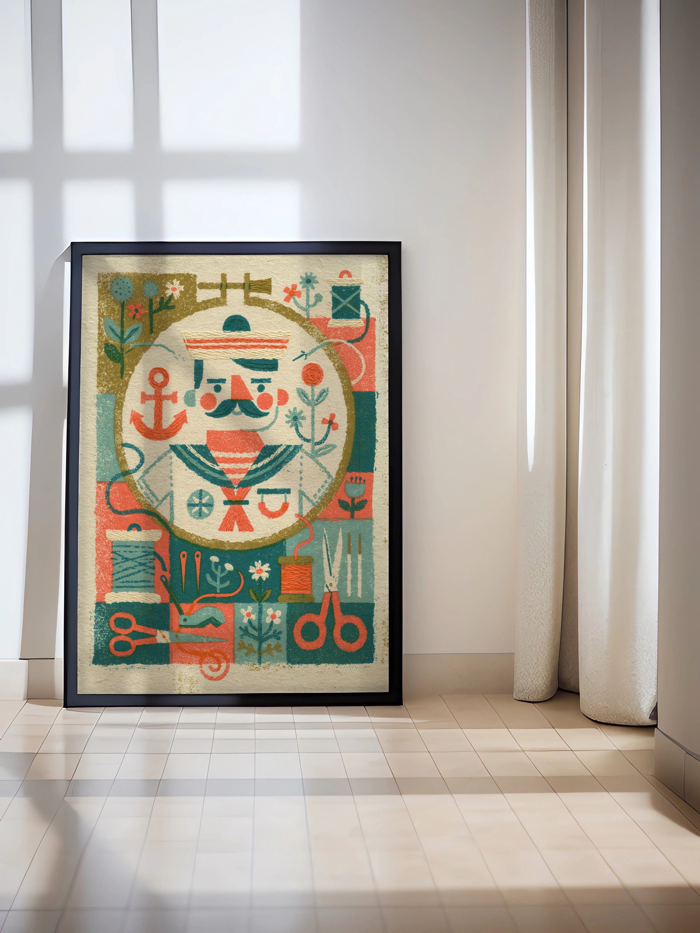 Sailor Sewing Print, Retro Sewing Print, Craft Room Wall Art, Sailor Folk Poster, Teal Coral Decor