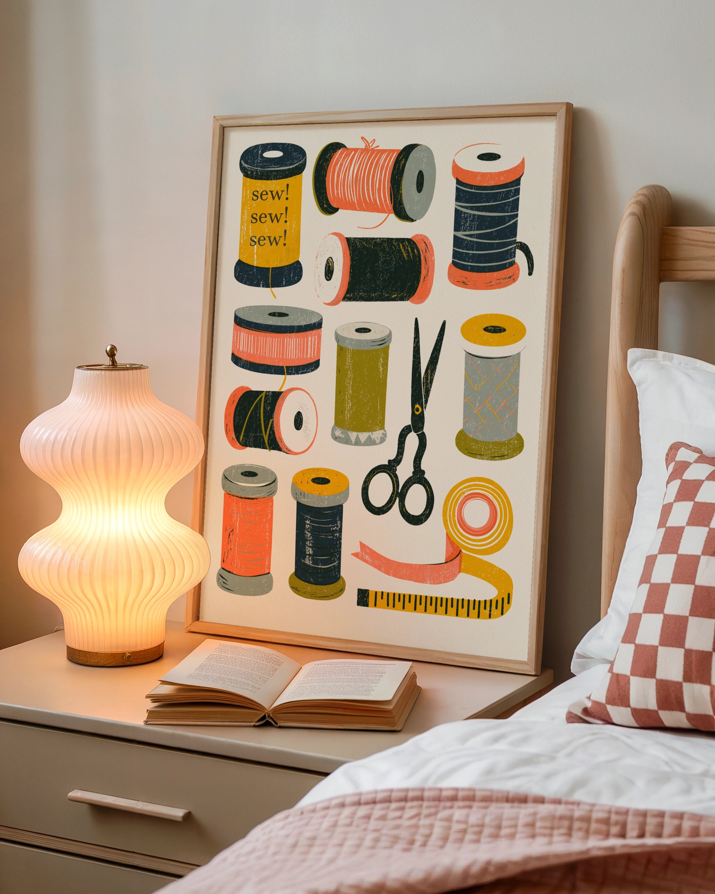 Retro Sewing Print, Thread Spools Wall Art, Craft Room Poster, Sewing Gift