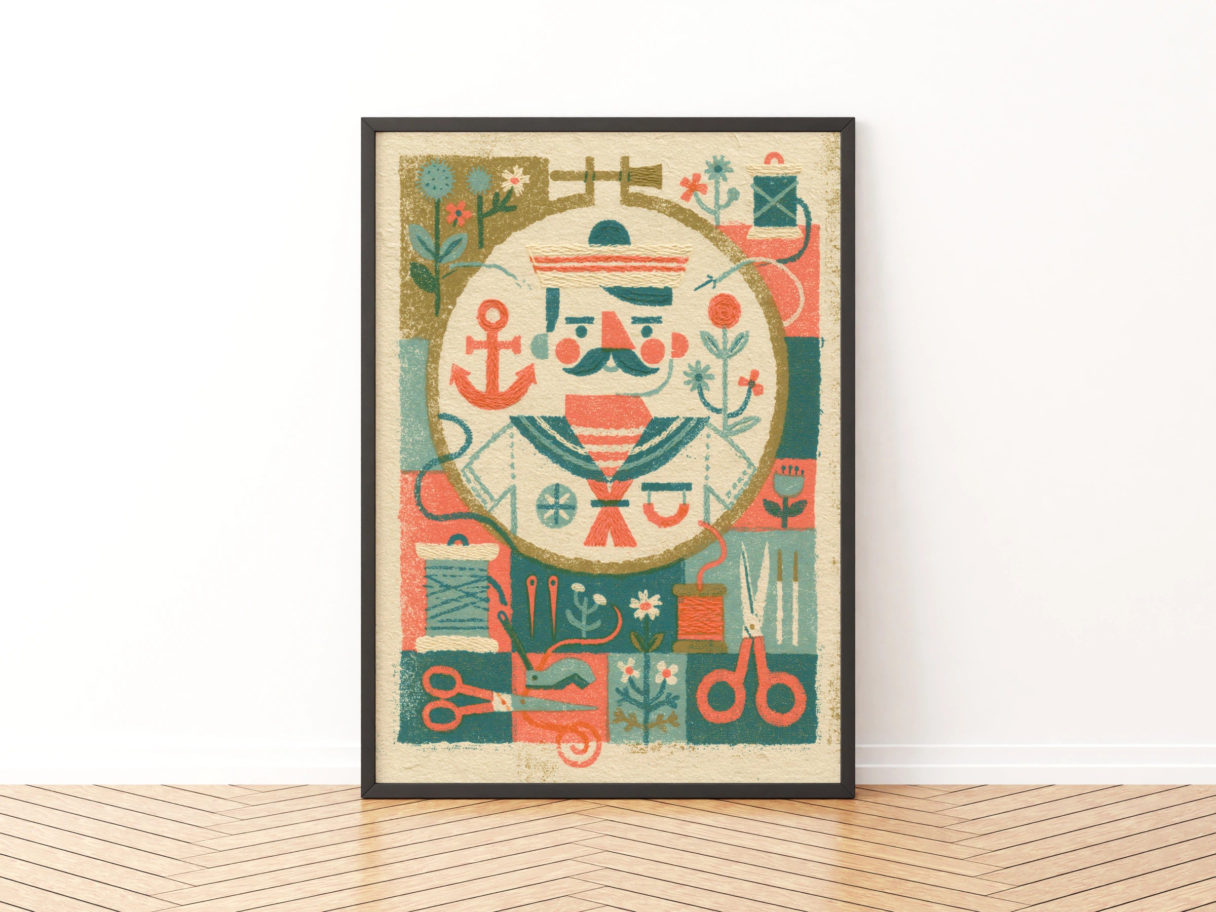 Sailor Sewing Print, Retro Sewing Print, Craft Room Wall Art, Sailor Folk Poster, Teal Coral Decor