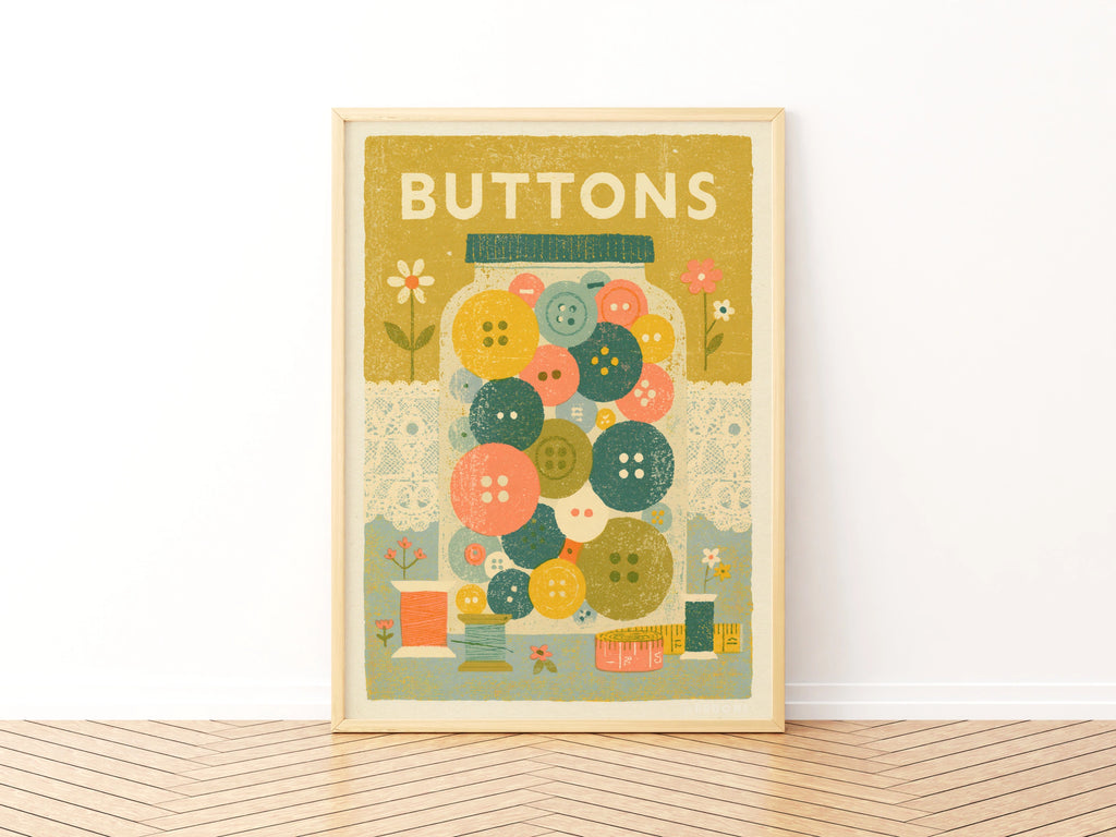 Retro Buttons Jar Sewing Print, Craft Room Wall Art, Vintage Style Poster Gift