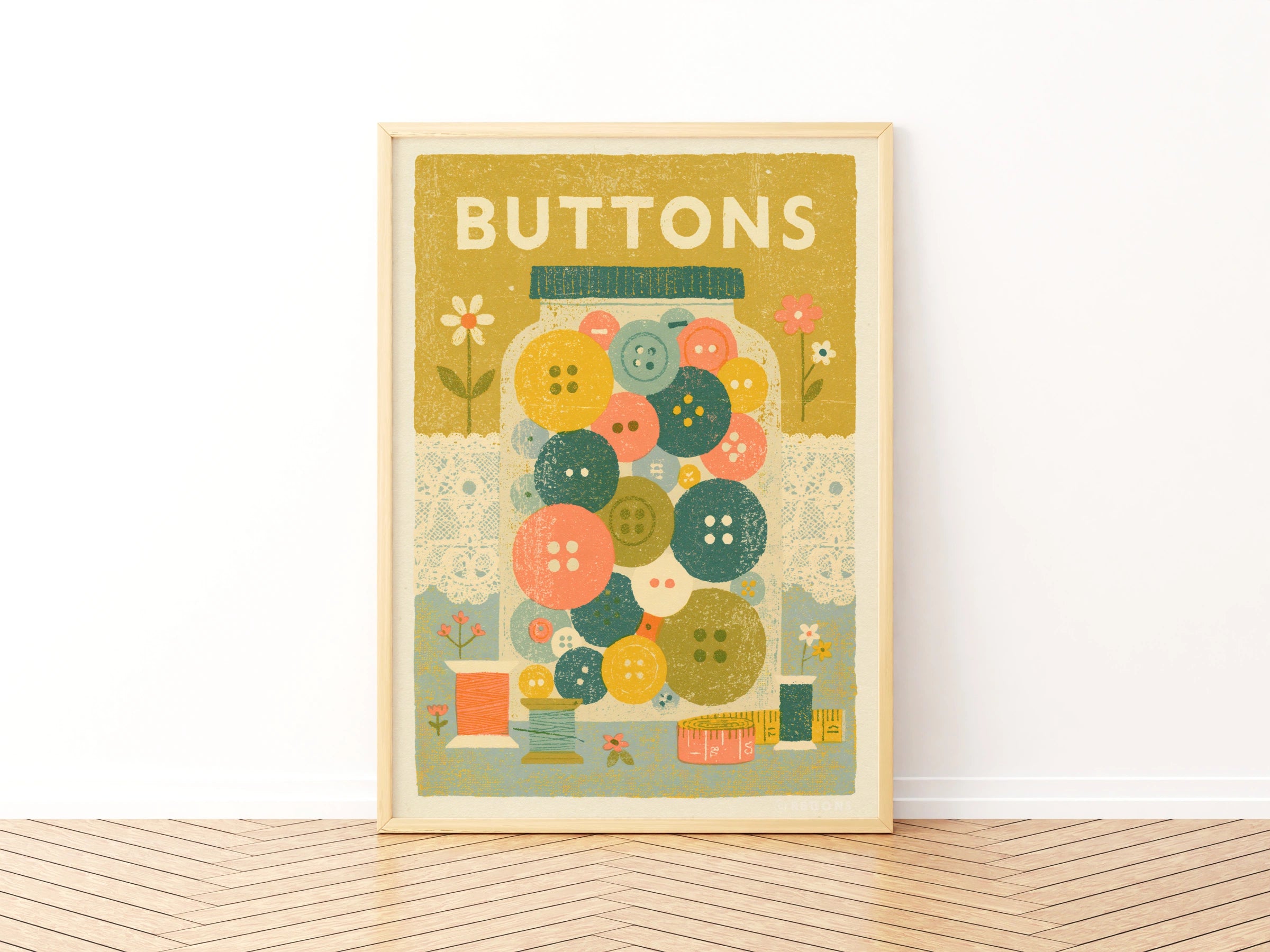 Retro Buttons Jar Sewing Print, Craft Room Wall Art, Vintage Style Poster Gift
