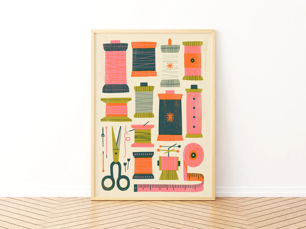 Retro Sewing Print, Thread Spools Craft Room Wall Art, Colourful Sewing Poster, Riso Style Hot Pink Print