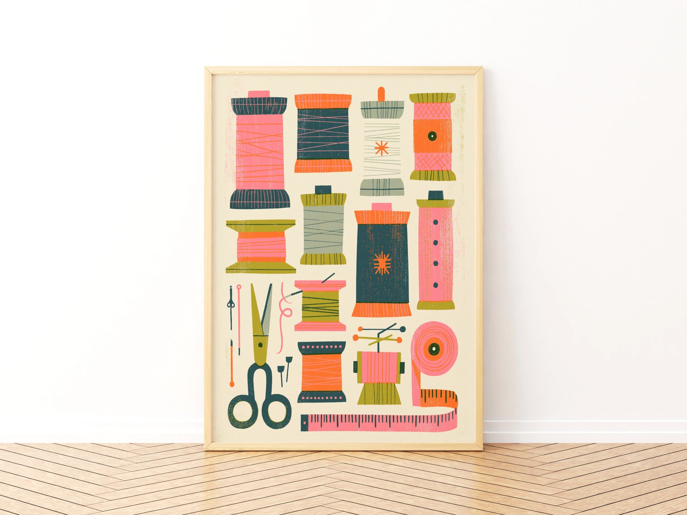 Retro Sewing Print, Thread Spools Craft Room Wall Art, Colourful Sewing Poster, Riso Style Hot Pink Print