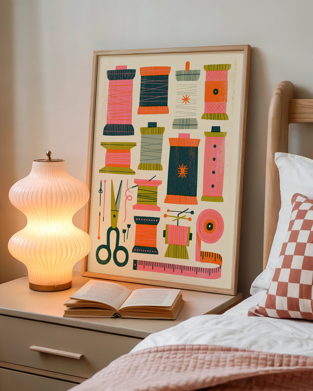 Retro Sewing Print, Thread Spools Craft Room Wall Art, Colourful Sewing Poster, Riso Style Hot Pink Print