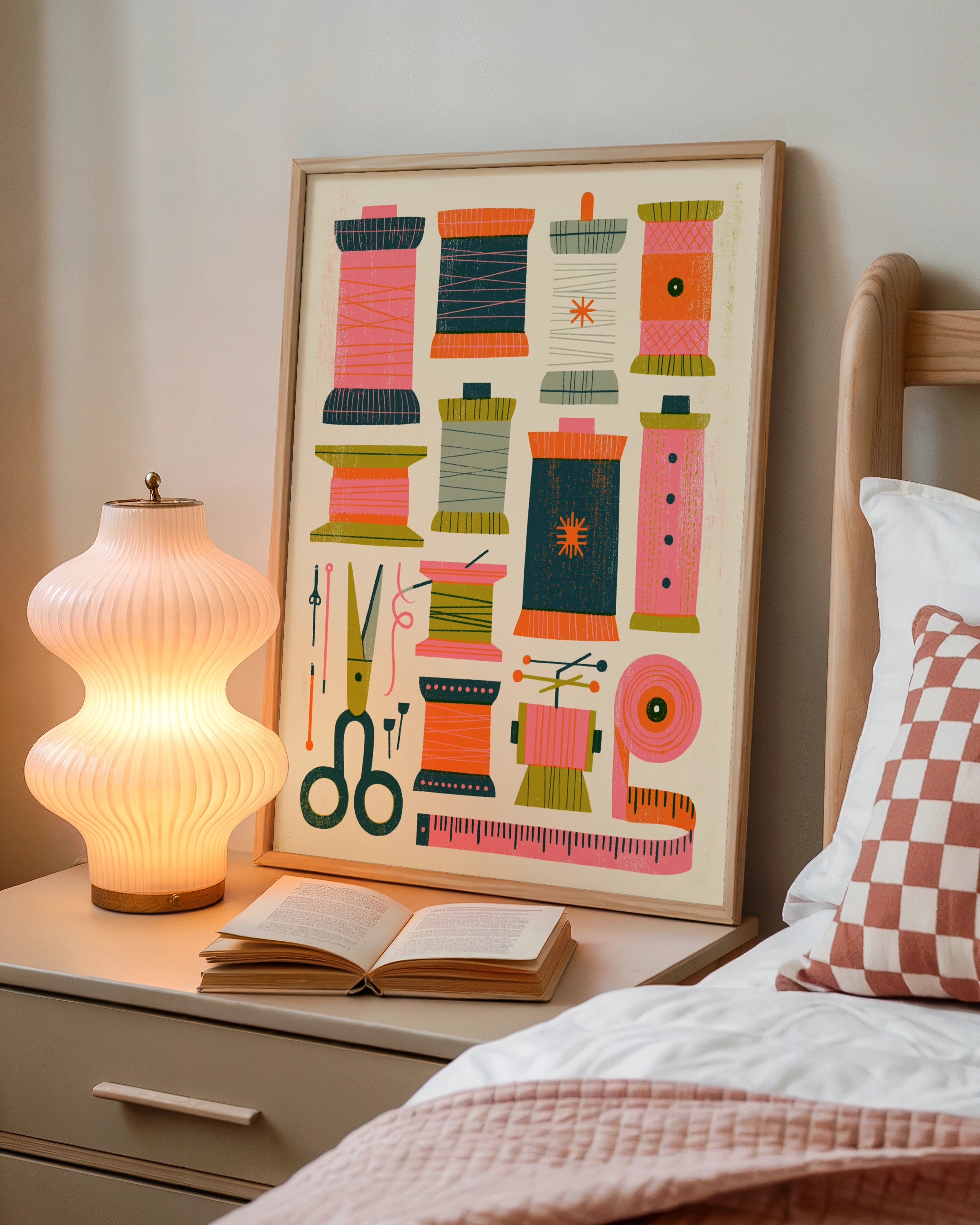 Retro Sewing Print, Thread Spools Craft Room Wall Art, Colourful Sewing Poster, Riso Style Hot Pink Print