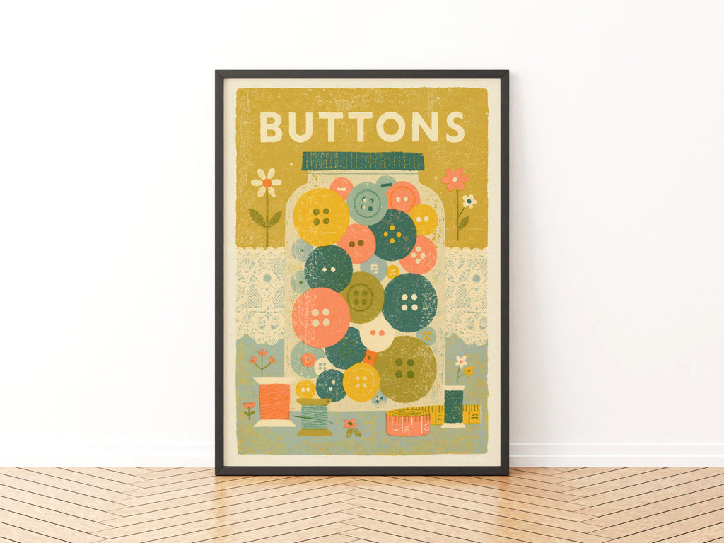 Retro Buttons Jar Sewing Print, Craft Room Wall Art, Vintage Style Poster Gift