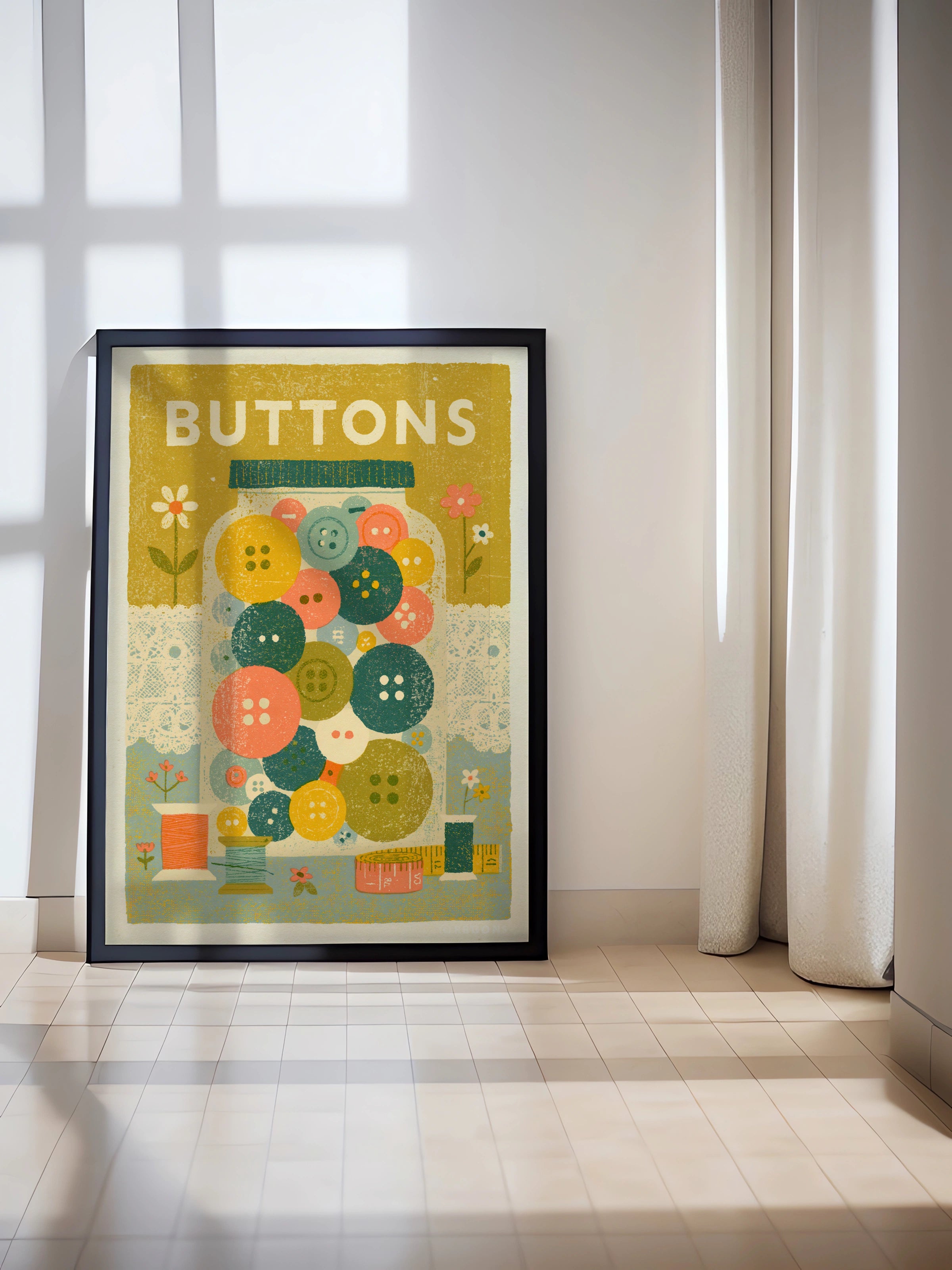 Retro Buttons Jar Sewing Print, Craft Room Wall Art, Vintage Style Poster Gift