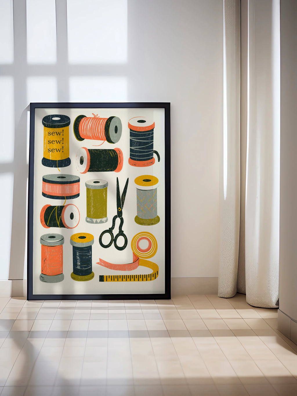 Retro Sewing Print, Thread Spools Wall Art, Craft Room Poster, Sewing Gift