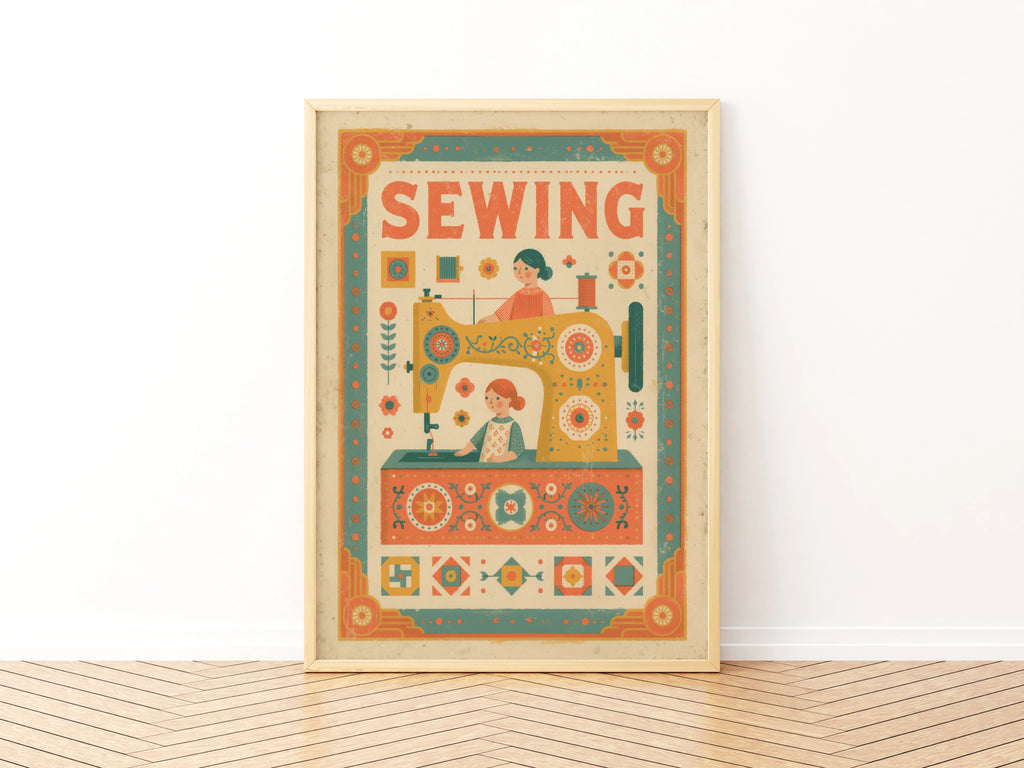 Retro Sewing Print, Vintage Sewing Machine Poster, Craft Room Wall Art Gift, Little Helpers Sewing Print