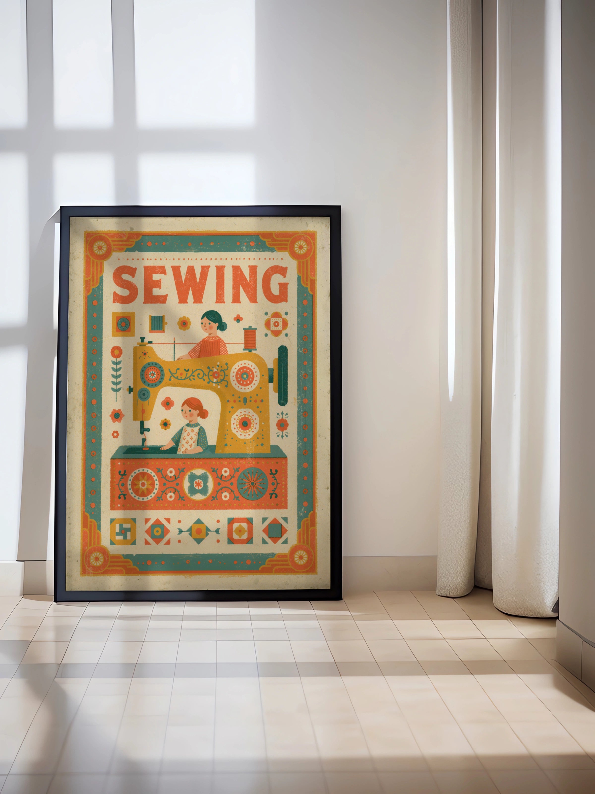 Retro Sewing Print, Vintage Sewing Machine Poster, Craft Room Wall Art Gift, Little Helpers Sewing Print