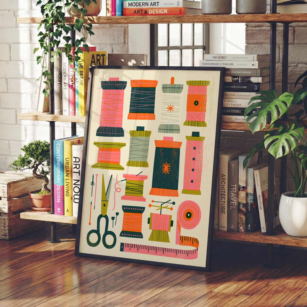 Retro Sewing Print, Thread Spools Craft Room Wall Art, Colourful Sewing Poster, Riso Style Hot Pink Print