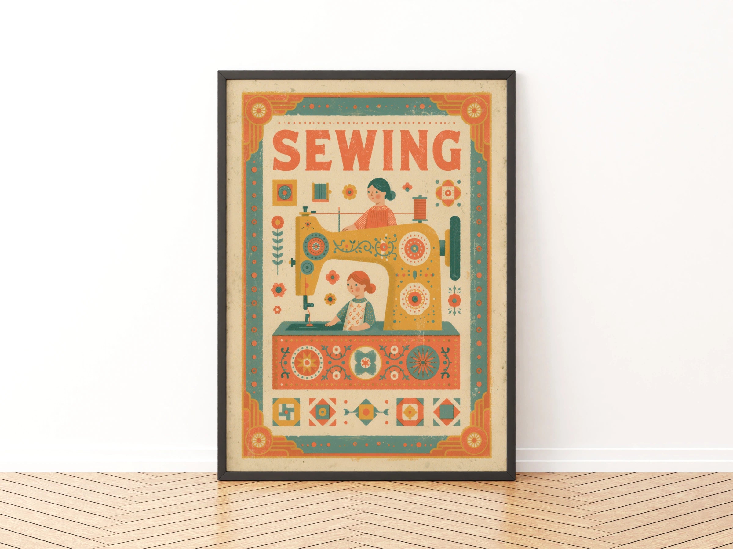 Retro Sewing Print, Vintage Sewing Machine Poster, Craft Room Wall Art Gift, Little Helpers Sewing Print
