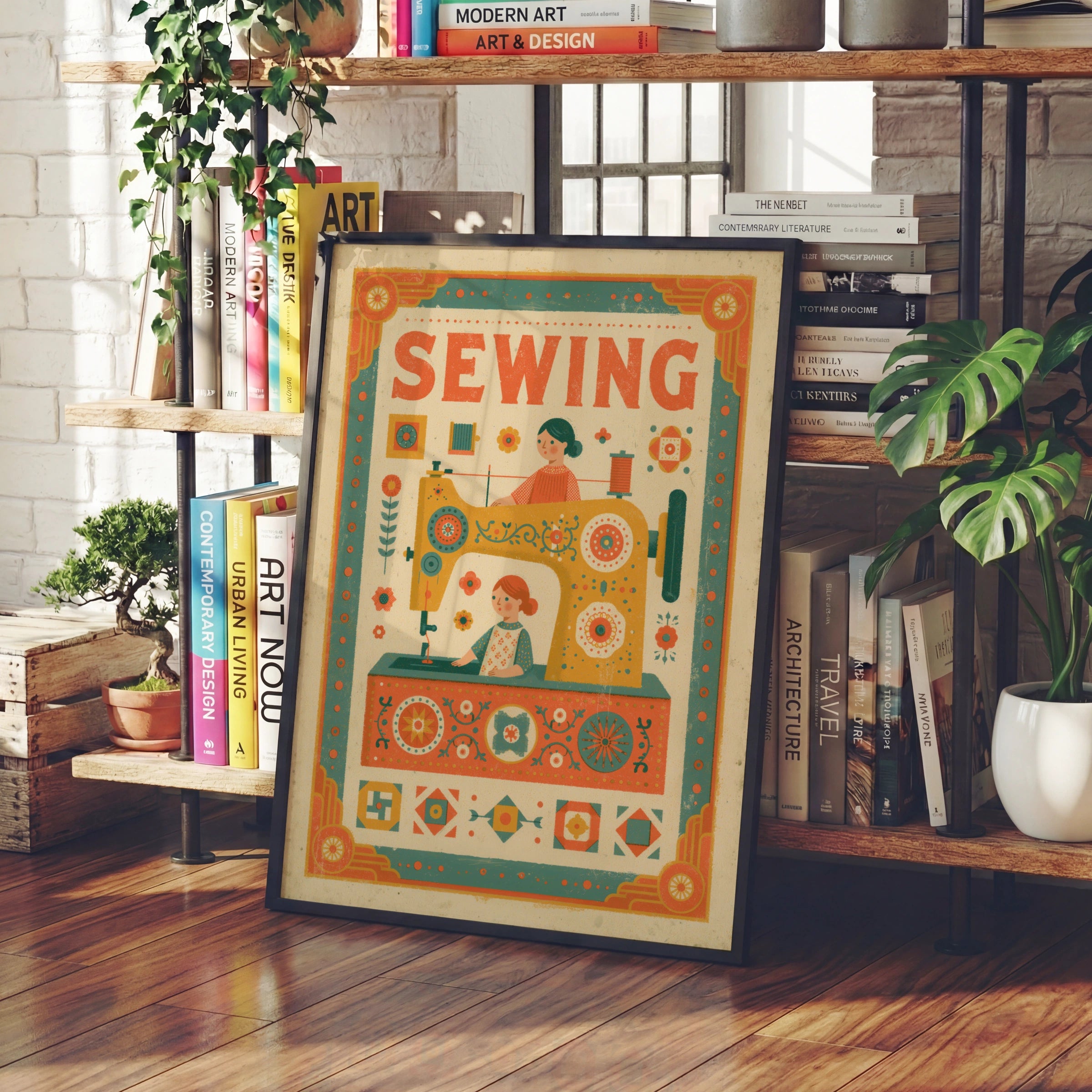 Retro Sewing Print, Vintage Sewing Machine Poster, Craft Room Wall Art Gift, Little Helpers Sewing Print