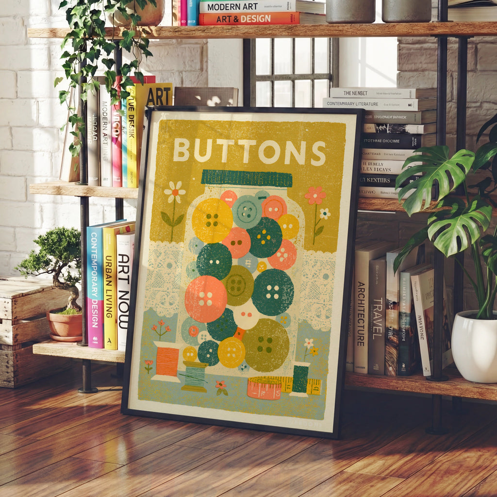 Retro Buttons Jar Sewing Print, Craft Room Wall Art, Vintage Style Poster Gift
