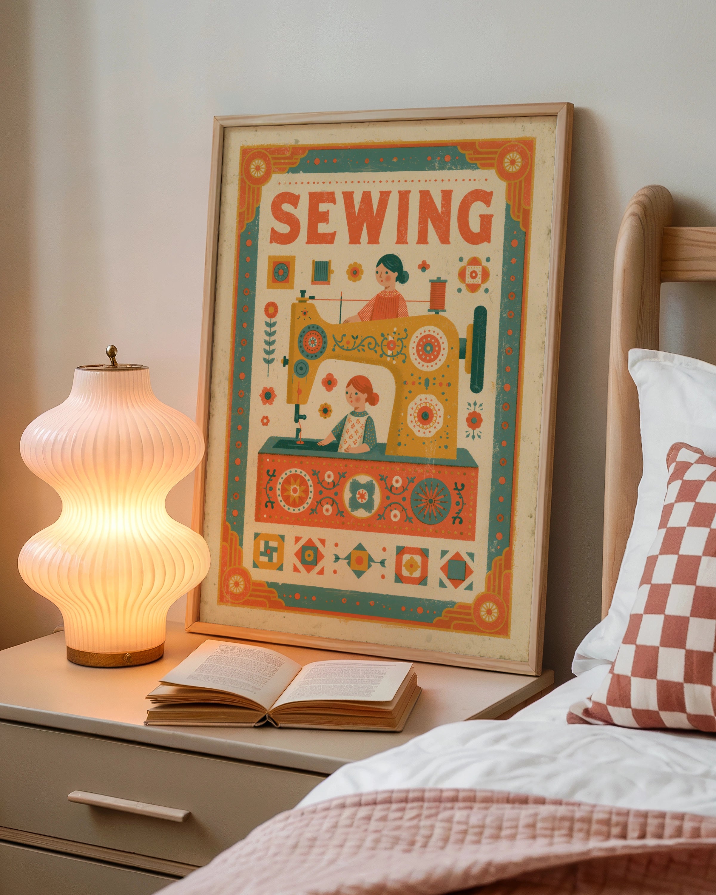 Retro Sewing Print, Vintage Sewing Machine Poster, Craft Room Wall Art Gift, Little Helpers Sewing Print