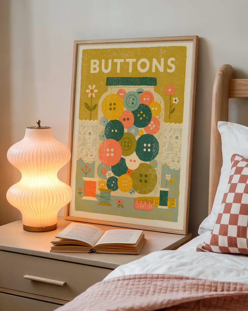 Retro Buttons Jar Sewing Print, Craft Room Wall Art, Vintage Style Poster Gift