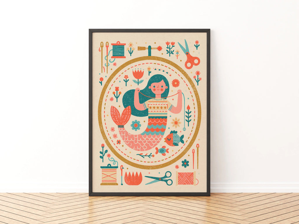 Retro Mermaid Sewing Print, Craft Room Wall Art, Folk Art Poster, Teal Pink Decor