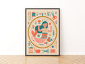 Retro Mermaid Sewing Print, Craft Room Wall Art, Folk Art Poster, Teal Pink Decor