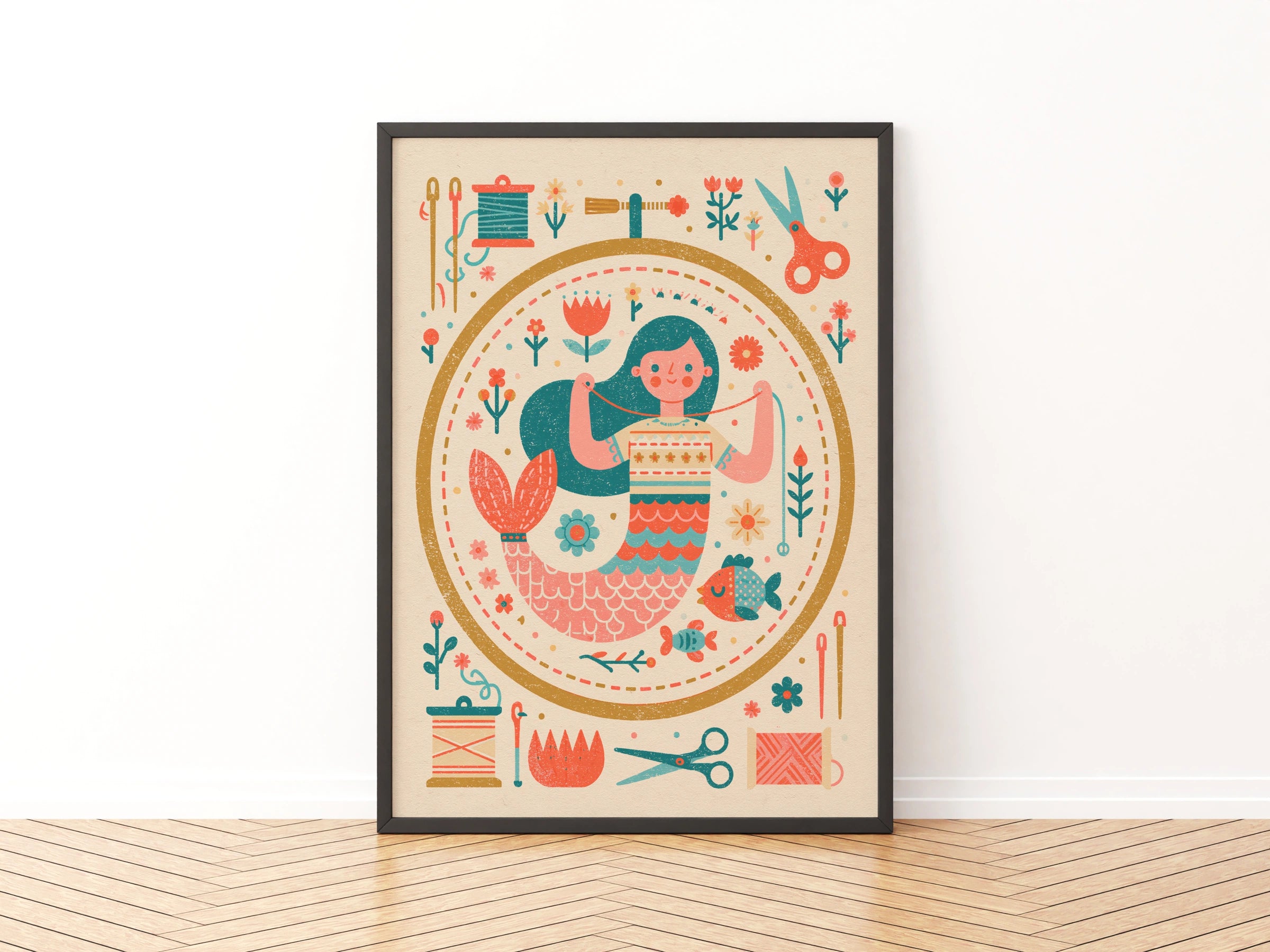 Retro Mermaid Sewing Print, Craft Room Wall Art, Folk Art Poster, Teal Pink Decor