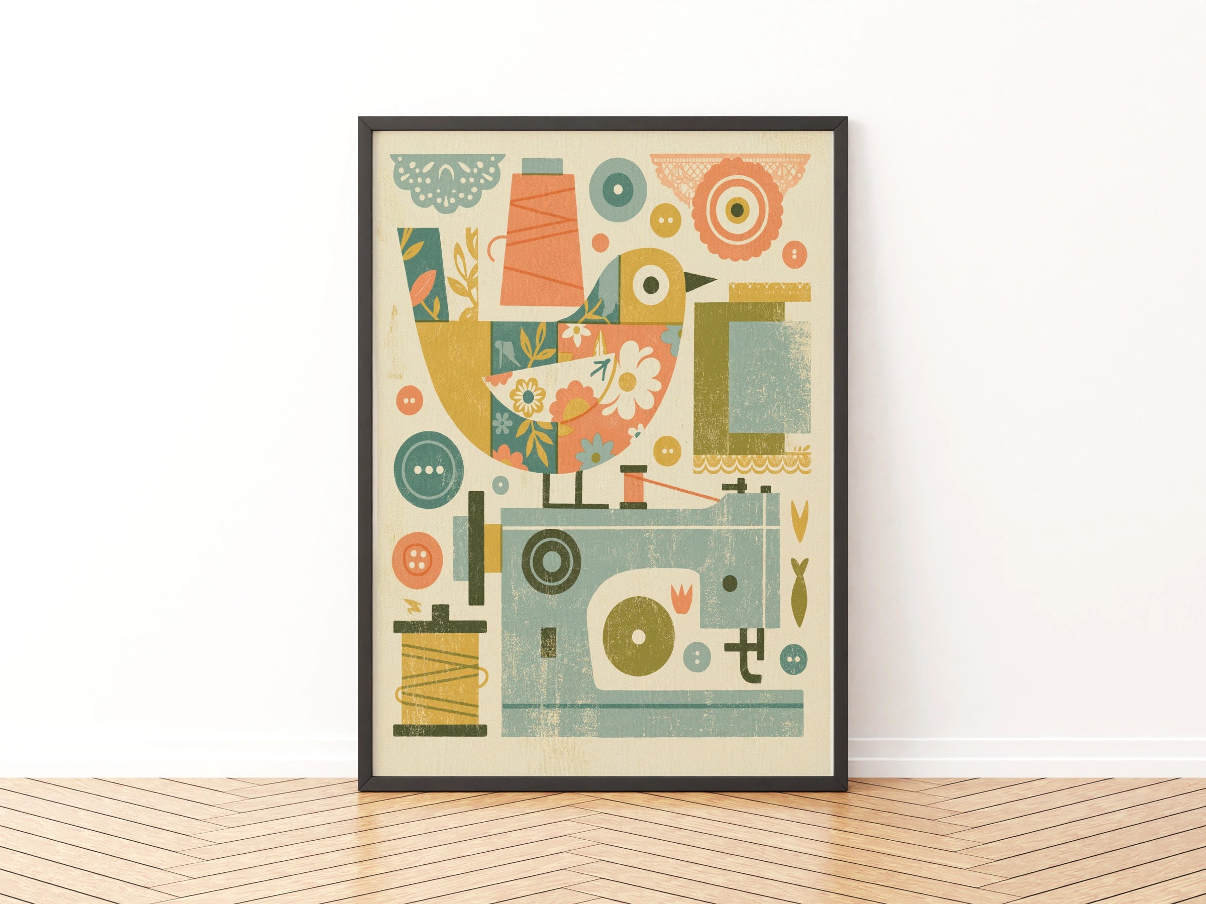 Retro Sewing Print, Craft Room Wall Art, Vintage Bird Poster, Thread Buttons Decor