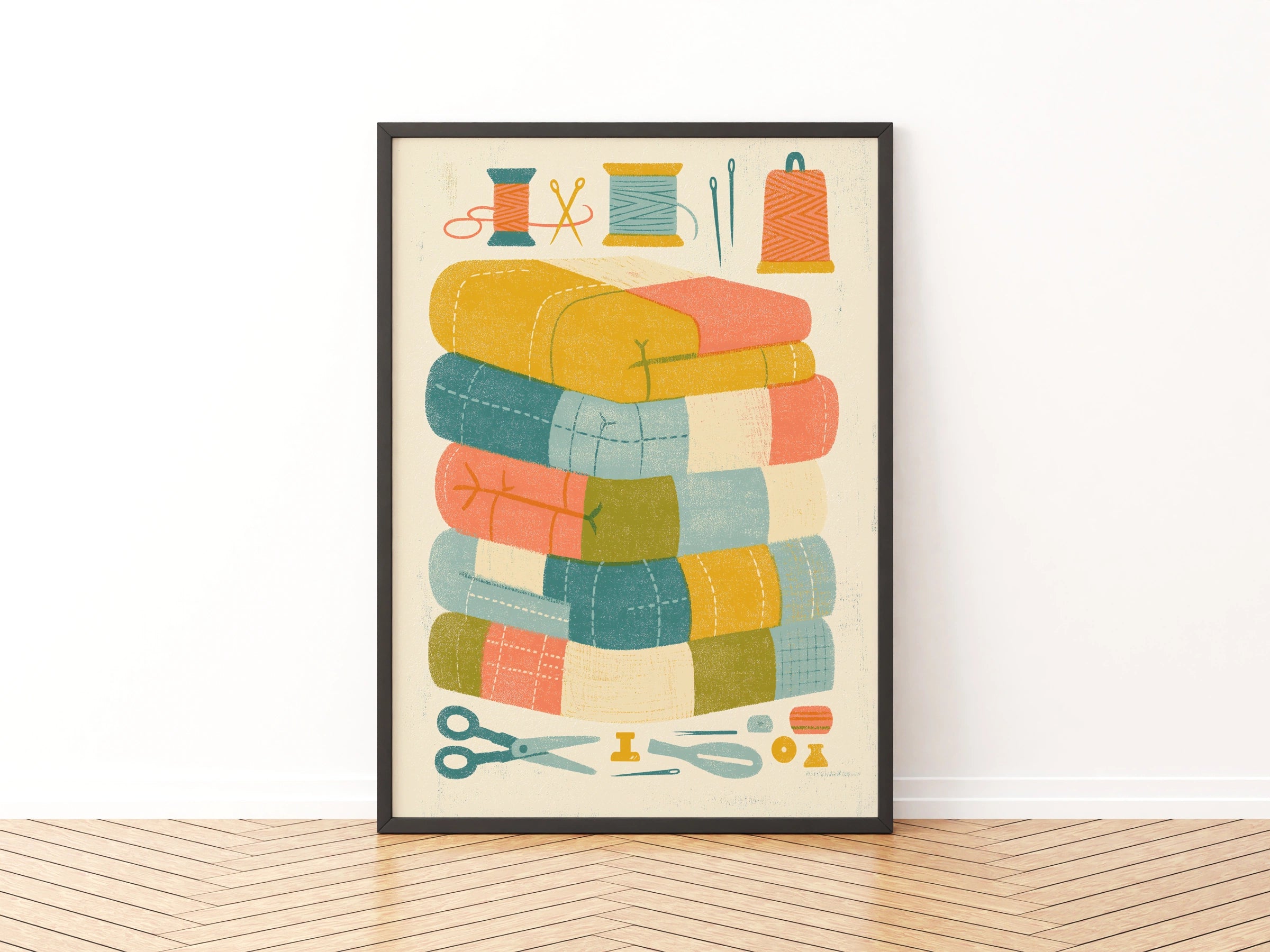 Retro Sewing Print, Patchwork Quilt Poster, Craft Room Wall Art, Fabric Stack Gift