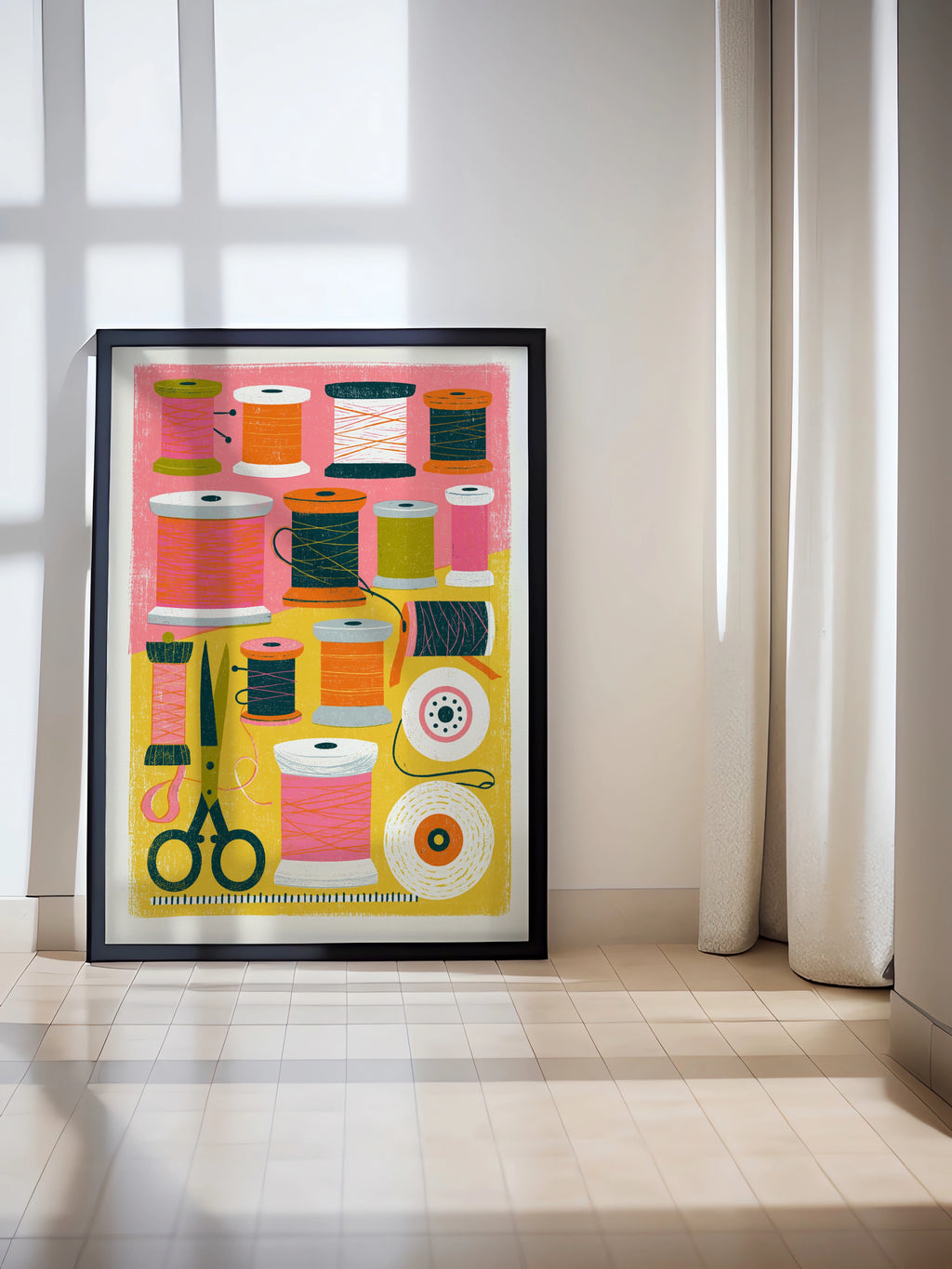 Retro Sewing Print, Thread Spools Wall Art, Craft Room Poster, Vibrant Pink and Yellow Decor