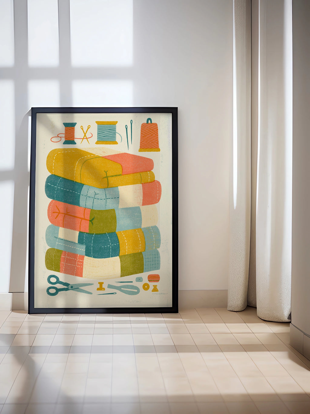 Retro Sewing Print, Patchwork Quilt Poster, Craft Room Wall Art, Fabric Stack Gift