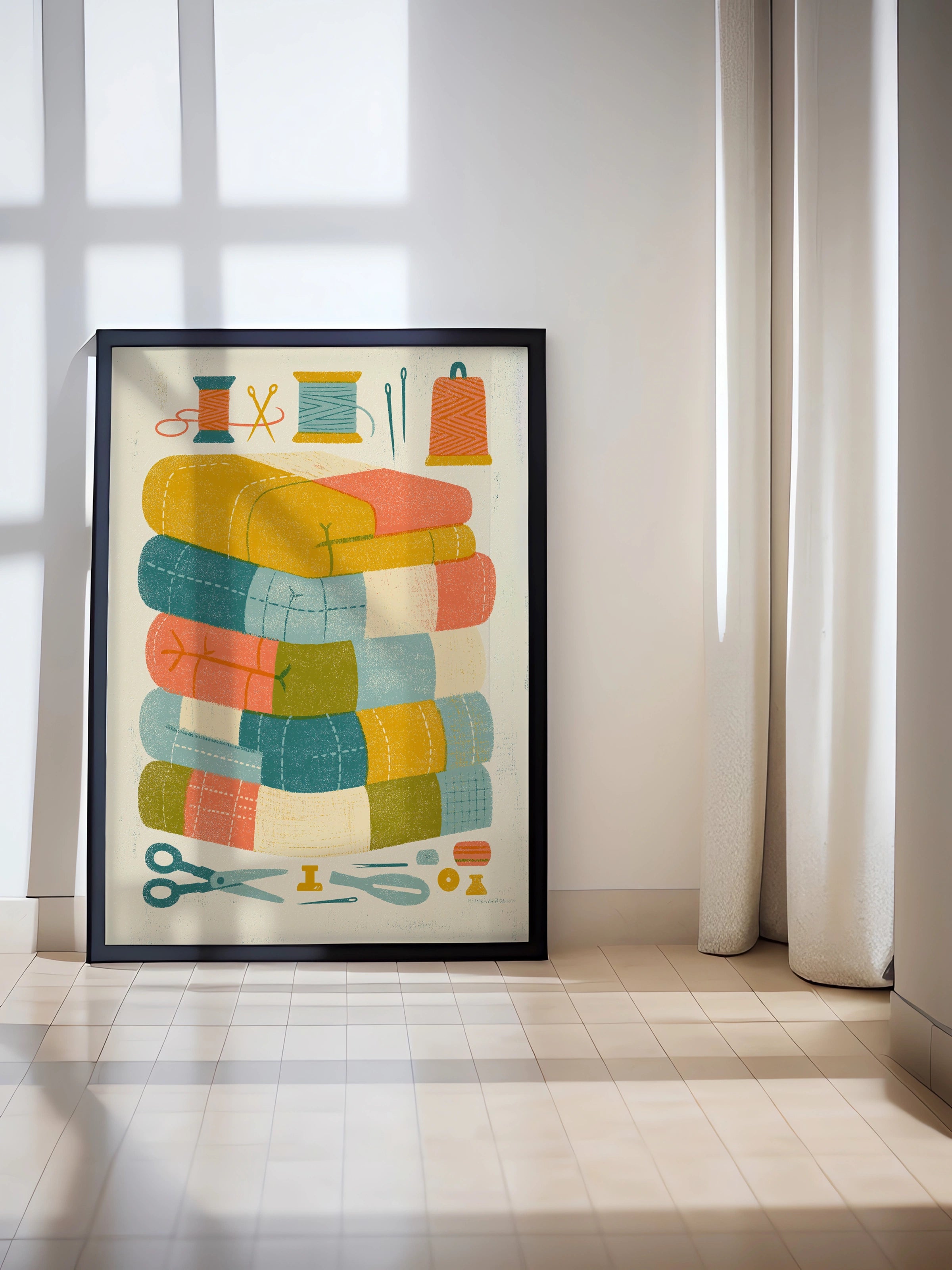 Retro Sewing Print, Patchwork Quilt Poster, Craft Room Wall Art, Fabric Stack Gift