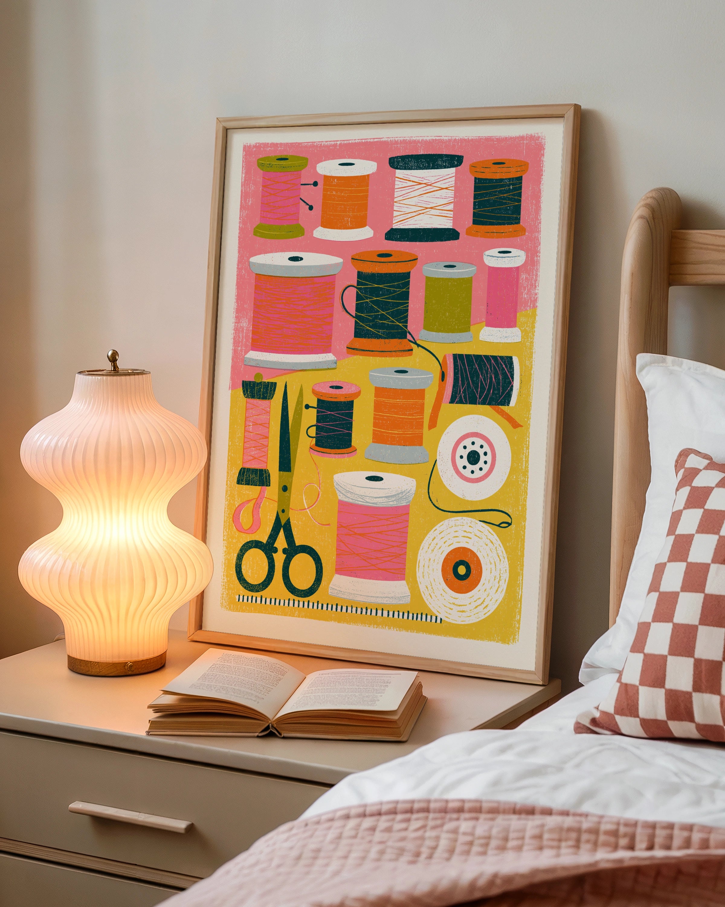 Retro Sewing Print, Thread Spools Wall Art, Craft Room Poster, Vibrant Pink and Yellow Decor