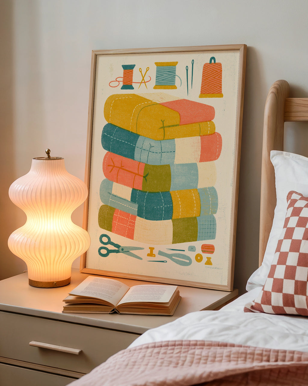 Retro Sewing Print, Patchwork Quilt Poster, Craft Room Wall Art, Fabric Stack Gift