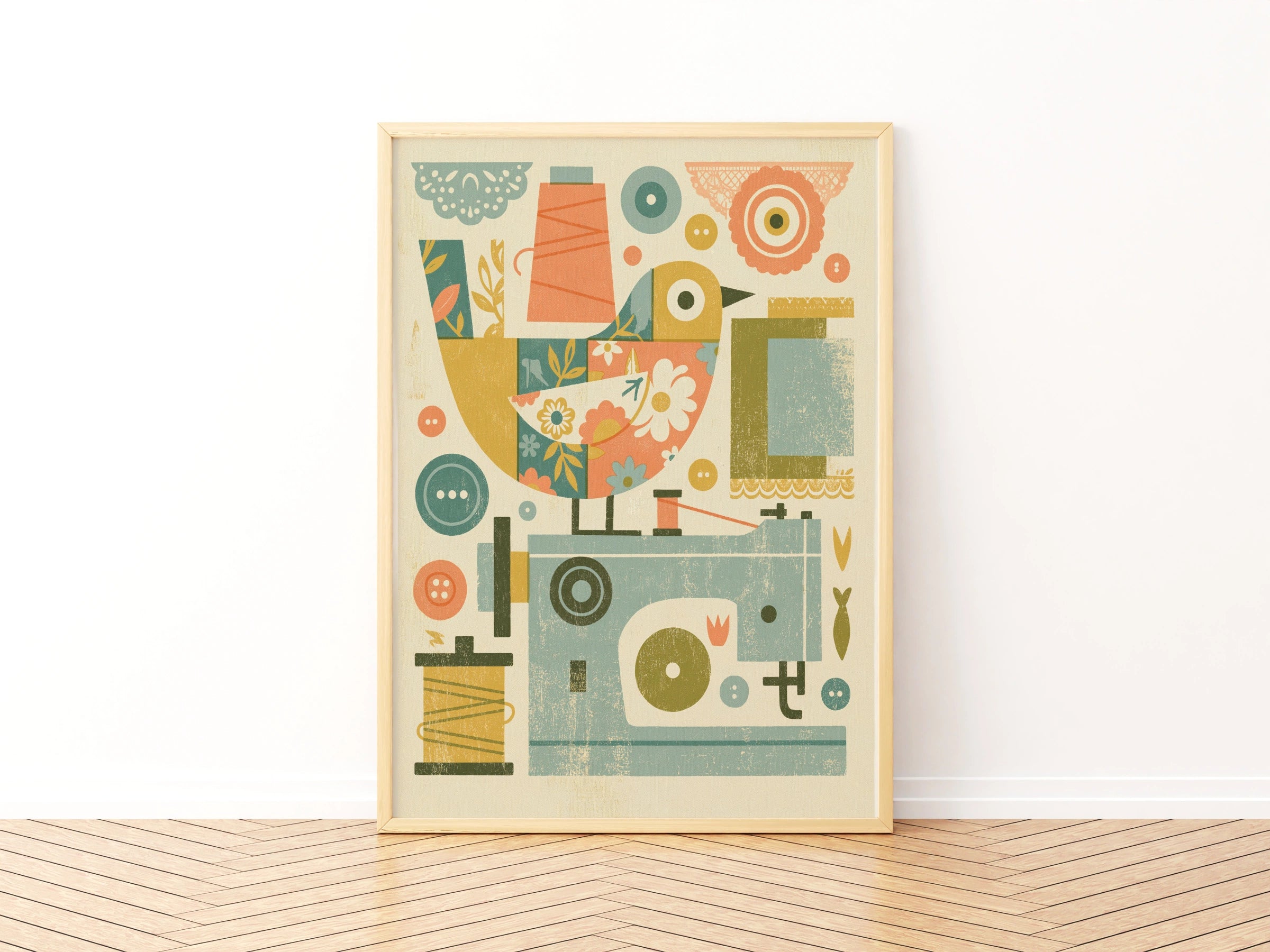 Retro Sewing Print, Craft Room Wall Art, Vintage Bird Poster, Thread Buttons Decor