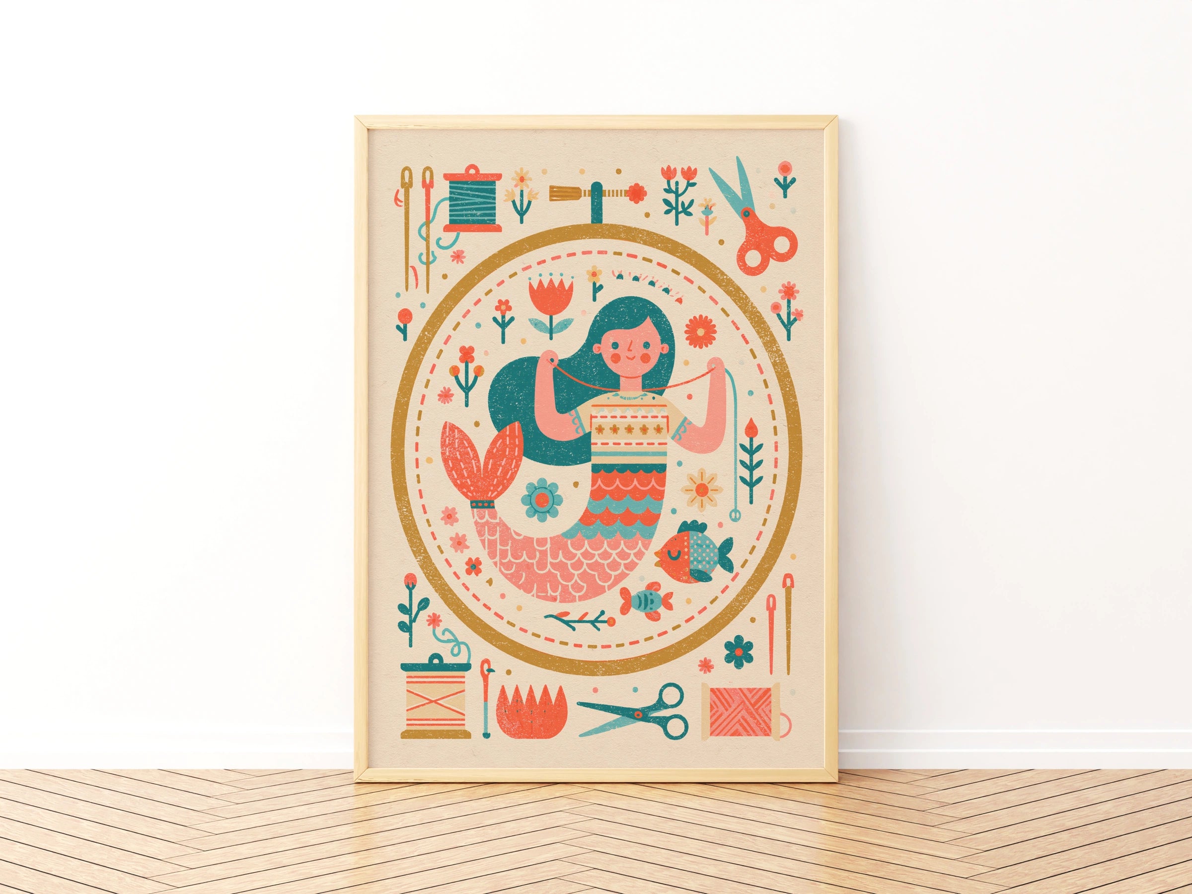 Retro Mermaid Sewing Print, Craft Room Wall Art, Folk Art Poster, Teal Pink Decor
