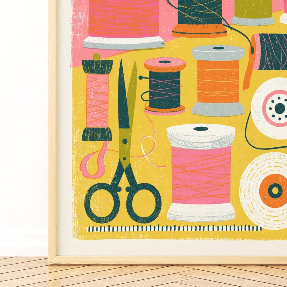 Retro Sewing Print, Thread Spools Wall Art, Craft Room Poster, Vibrant Pink and Yellow Decor
