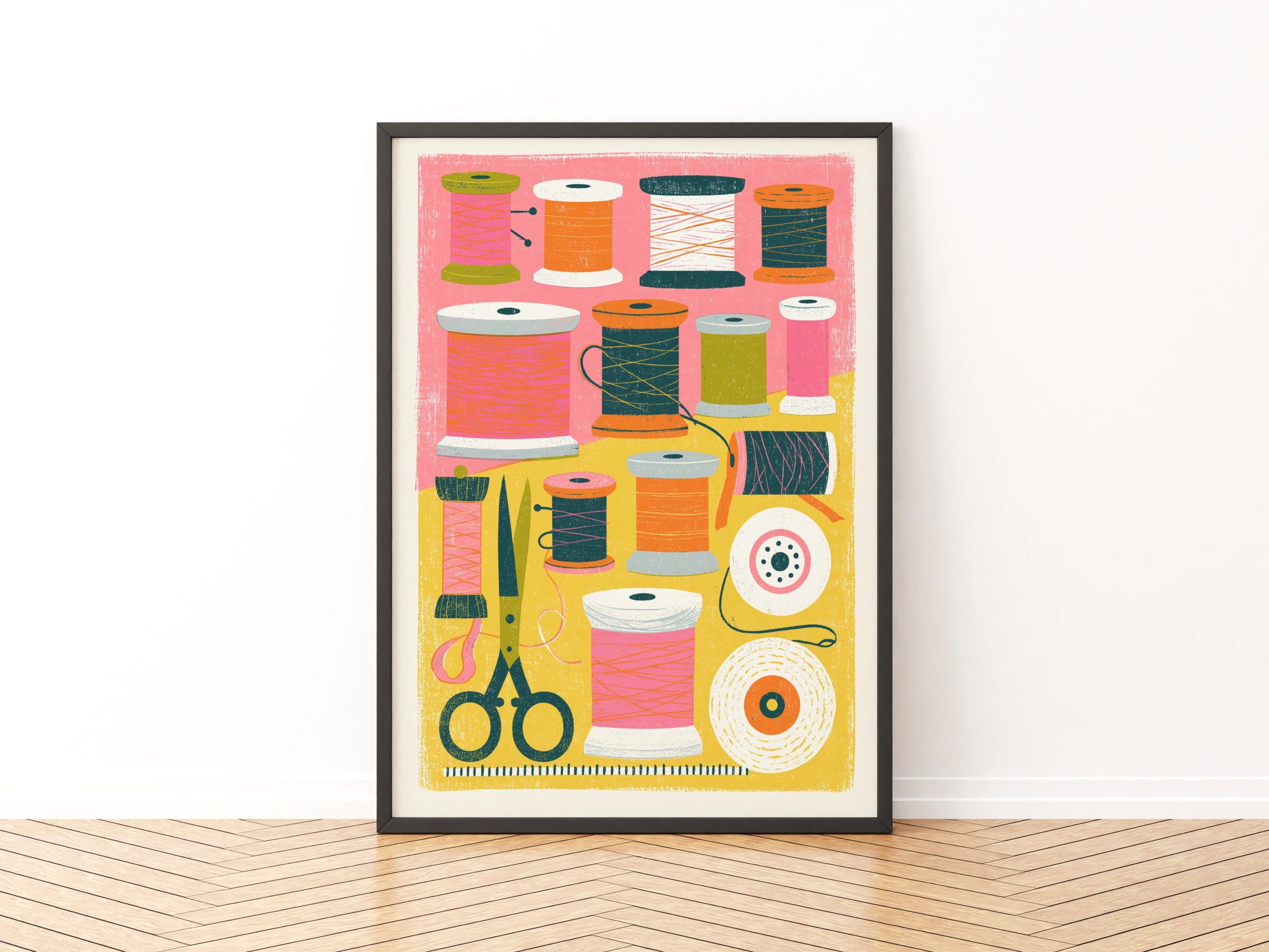 Retro Sewing Print, Thread Spools Wall Art, Craft Room Poster, Vibrant Pink and Yellow Decor