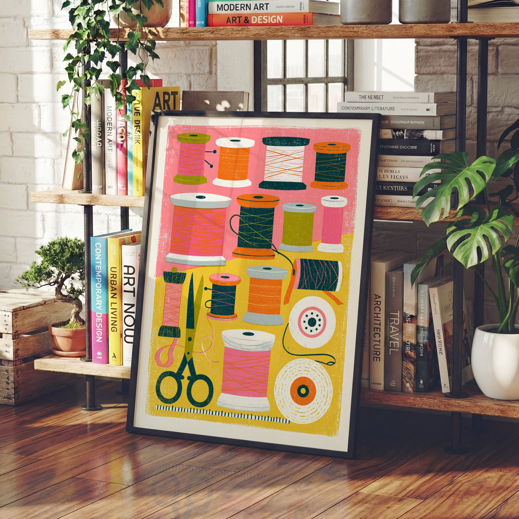 Retro Sewing Print, Thread Spools Wall Art, Craft Room Poster, Vibrant Pink and Yellow Decor