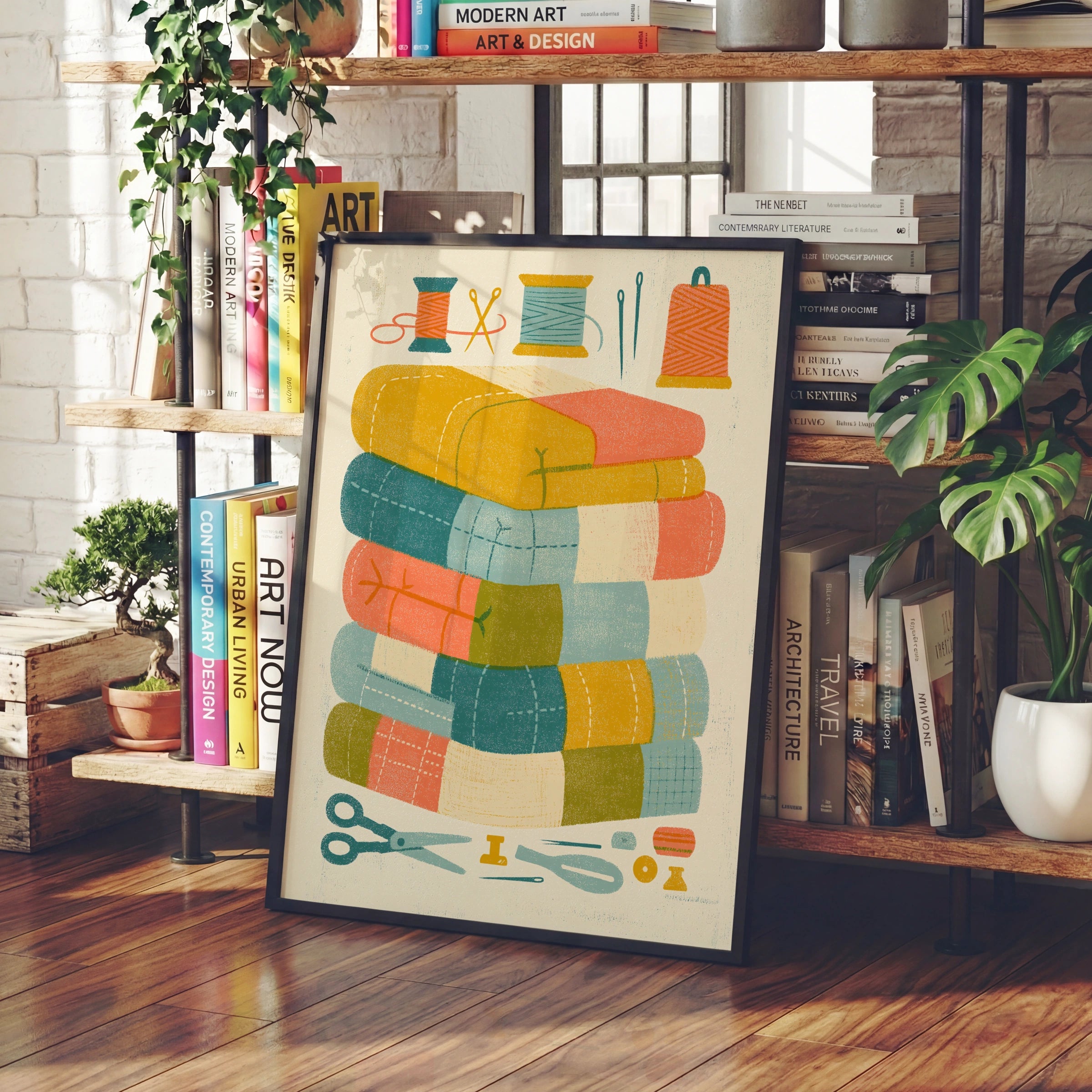 Retro Sewing Print, Patchwork Quilt Poster, Craft Room Wall Art, Fabric Stack Gift