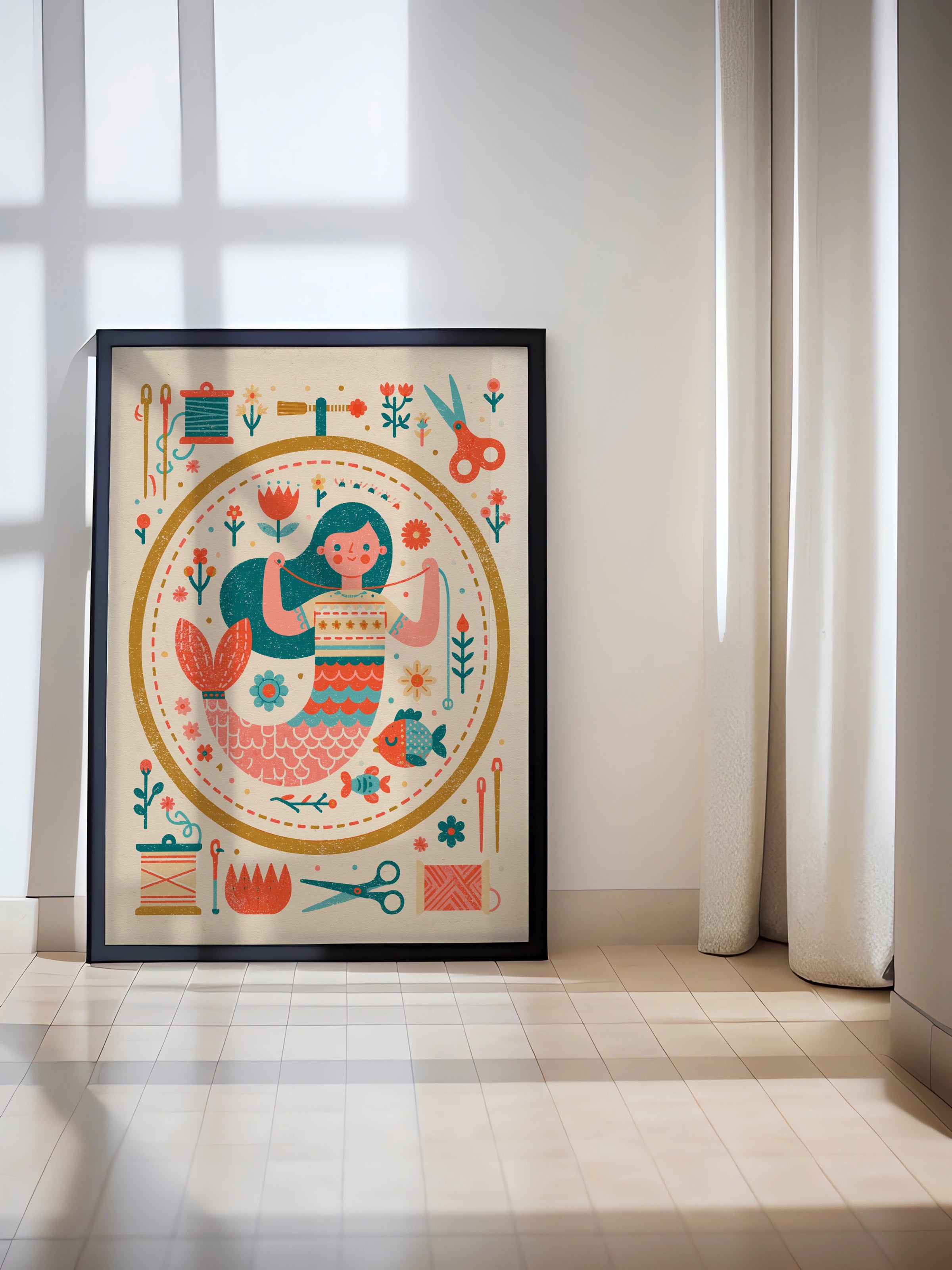 Retro Mermaid Sewing Print, Craft Room Wall Art, Folk Art Poster, Teal Pink Decor