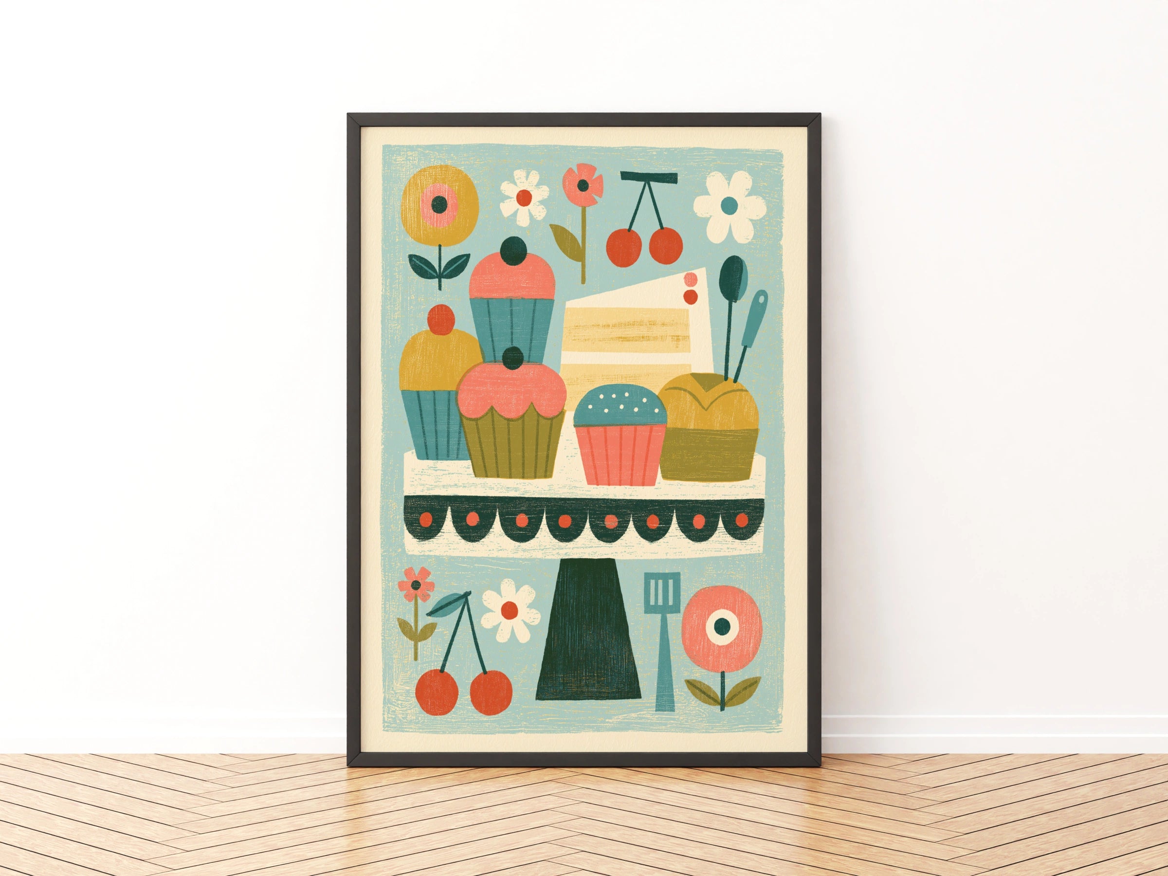 Vintage Food Poster Print, Cupcake Cake Stand Art, Rustic Kitchen Decor, Retro Mid Century Risograph