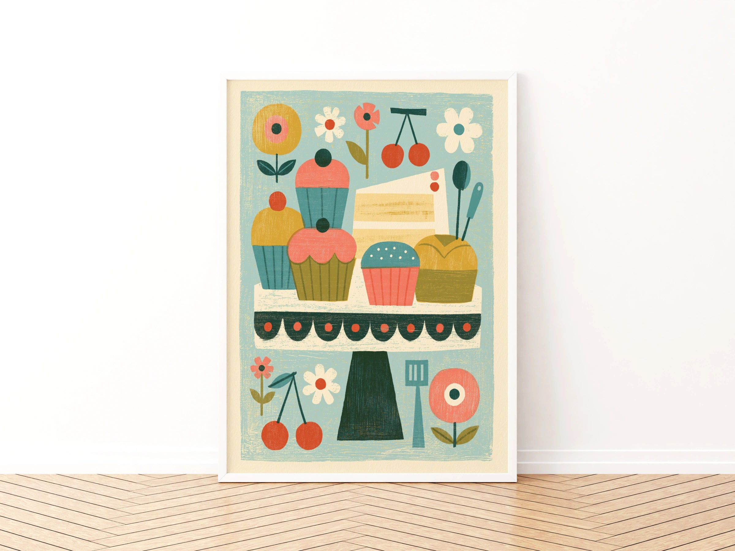 Vintage Food Poster Print, Cupcake Cake Stand Art, Rustic Kitchen Decor, Retro Mid Century Risograph