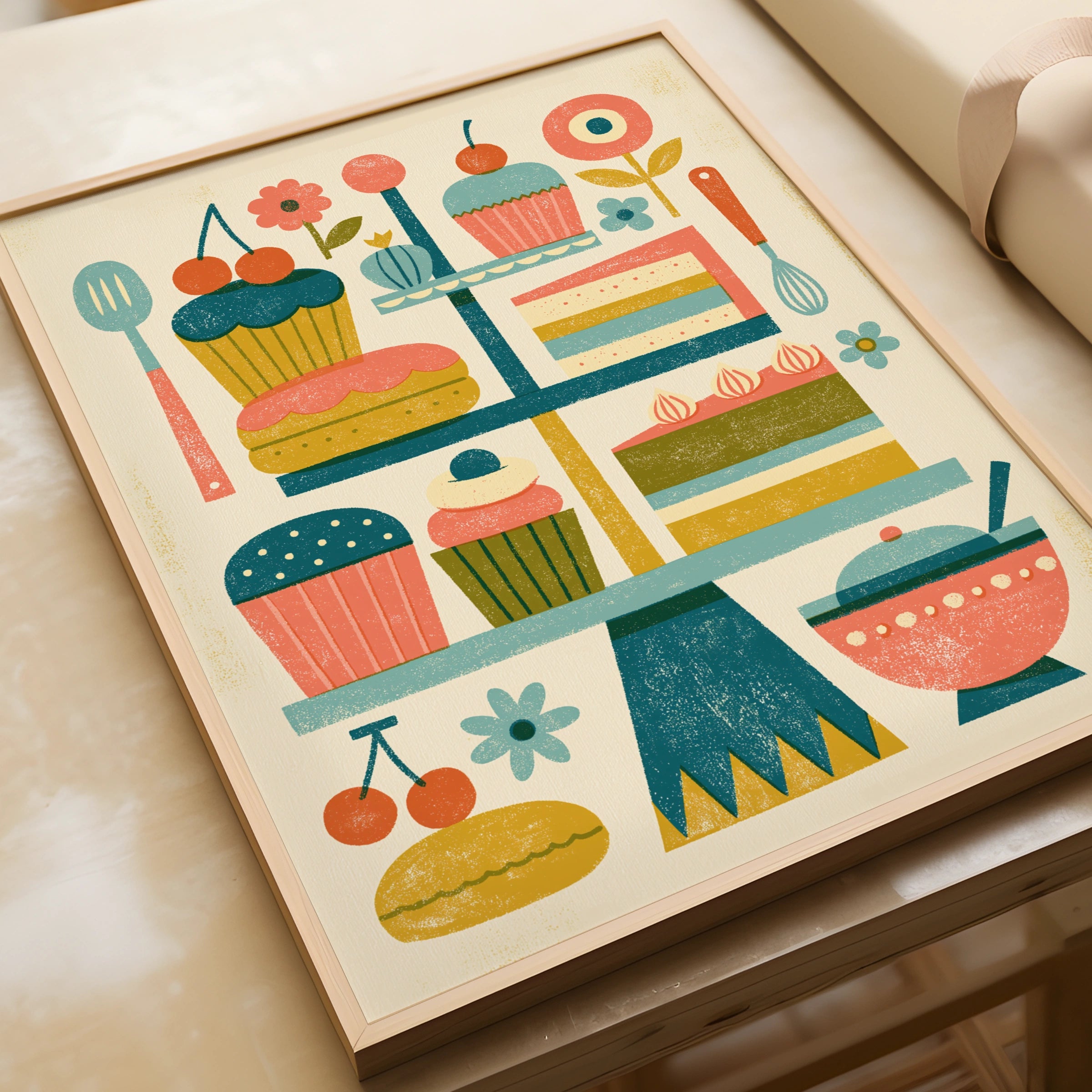 Vintage Food Poster Print, Retro Baking Cake Stand Art, Rustic Kitchen Decor, Mid Century Risograph
