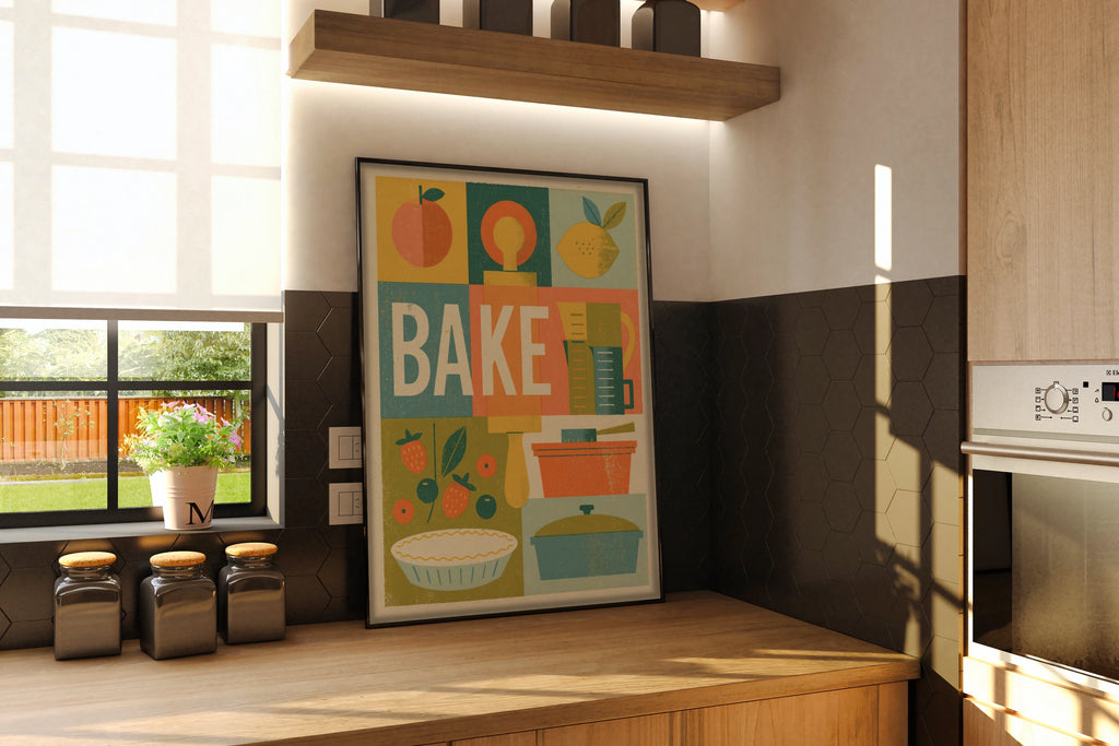 Vintage Food Poster Print, Bake Kitchen Wall Art, Rustic Retro Mid Century Risograph Decor